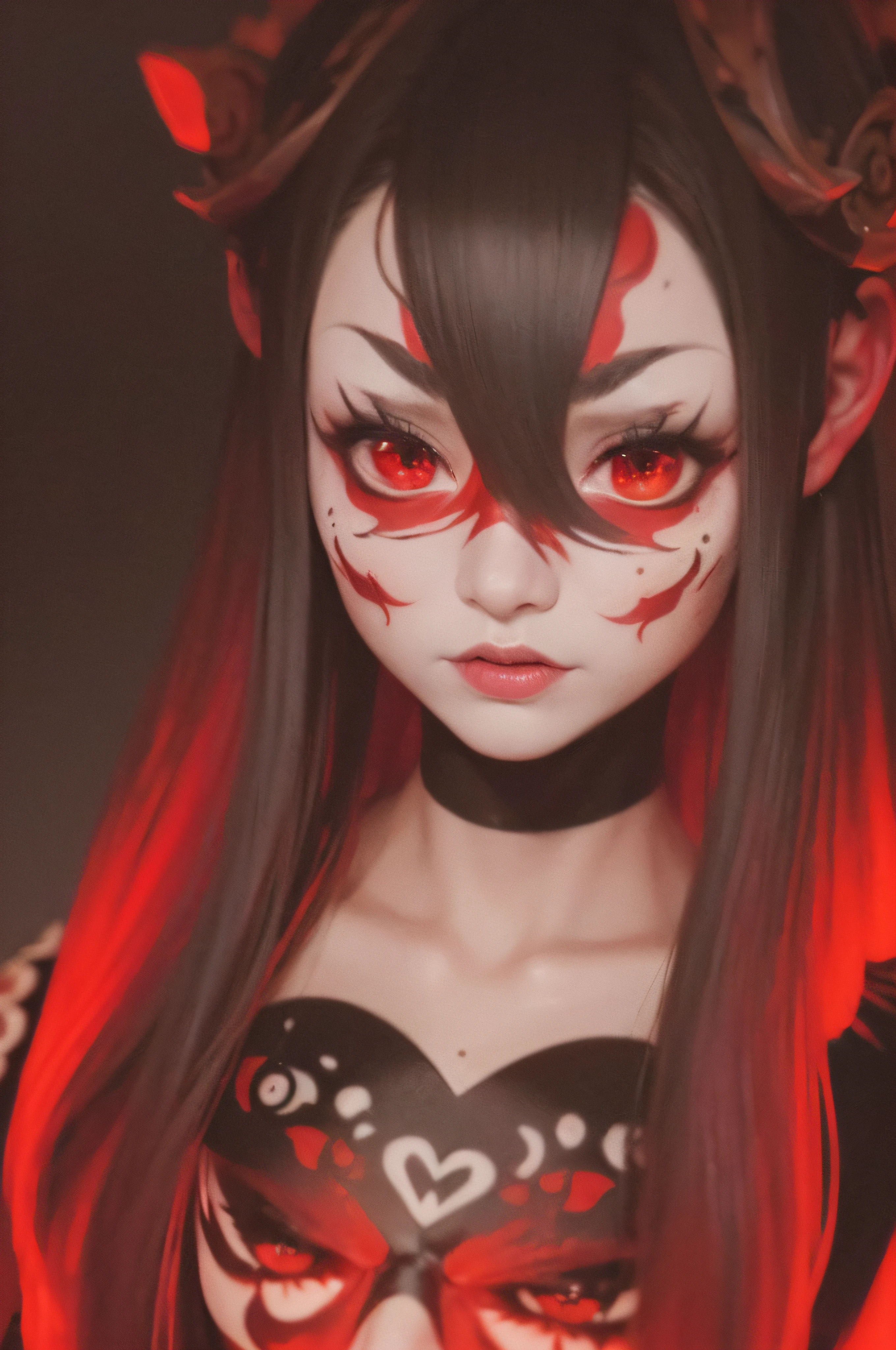 "(The best lighting, oscuro, dramatic),(feto calavera geisha escupiendo tinta roja, Cicatrices, sexy, cerebro, sangre, una rata dentro de la cabeza, terror.),(ojos rojos, calaveras). volumetric light.