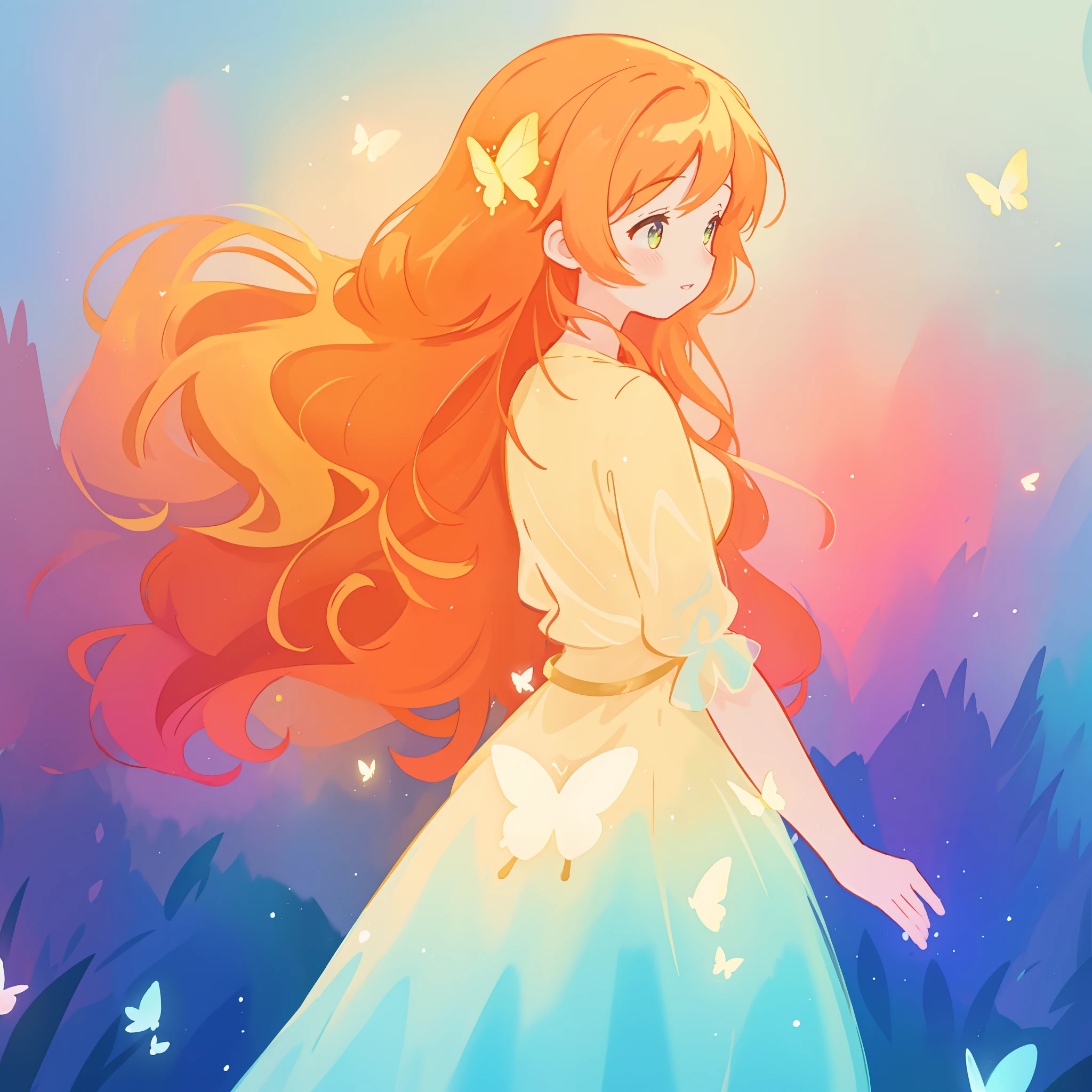 beautiful girl in flowing puffy gradient gold to aqua ballgown, ((glowing butterflies)), long sparkling red hair, delicate gold crown, fantasia background, watercolor illustration, inspired by Glen Keane, inspired by Lois van Baarle, disney art style, by Lois van Baarle, glowing aura around her, by Glen Keane, jen bartel, glowing lights! digital painting, flowing glowing hair, glowing flowing hair, beautiful digital illustration, fantasia otherworldly landscape plants flowers, beautiful, masterpiece, best quality, anime disney style
