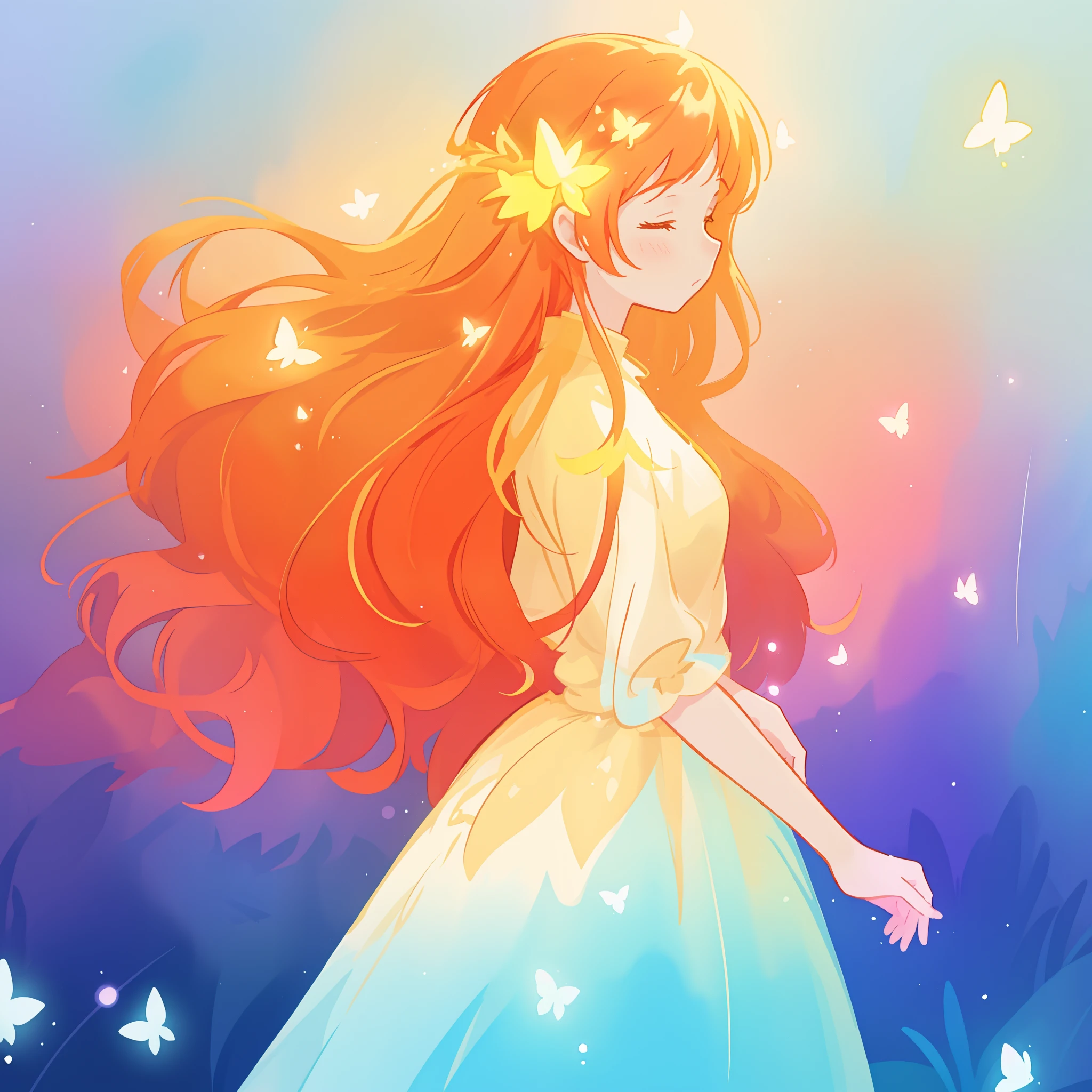 beautiful girl in flowing puffy gradient gold to aqua ballgown, ((glowing butterflies)), long sparkling red hair, delicate gold crown, fantasia background, watercolor illustration, inspired by Glen Keane, inspired by Lois van Baarle, disney art style, by Lois van Baarle, glowing aura around her, by Glen Keane, jen bartel, glowing lights! digital painting, flowing glowing hair, glowing flowing hair, beautiful digital illustration, fantasia otherworldly landscape plants flowers, beautiful, masterpiece, best quality, anime disney style