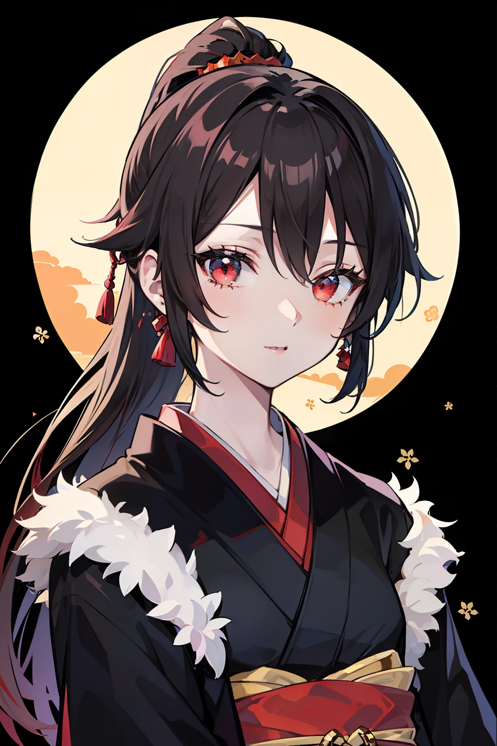 1 Anime shōjo，cap，Look at yourself head-on，with black background，Bang Qi，in night，Solo man，elongated eyes，Half-open your eyes，black kimono，Brunette hair color，high ponytail，Seasonal Hairstyles，Bang Qi，princess cut，Red-eyed