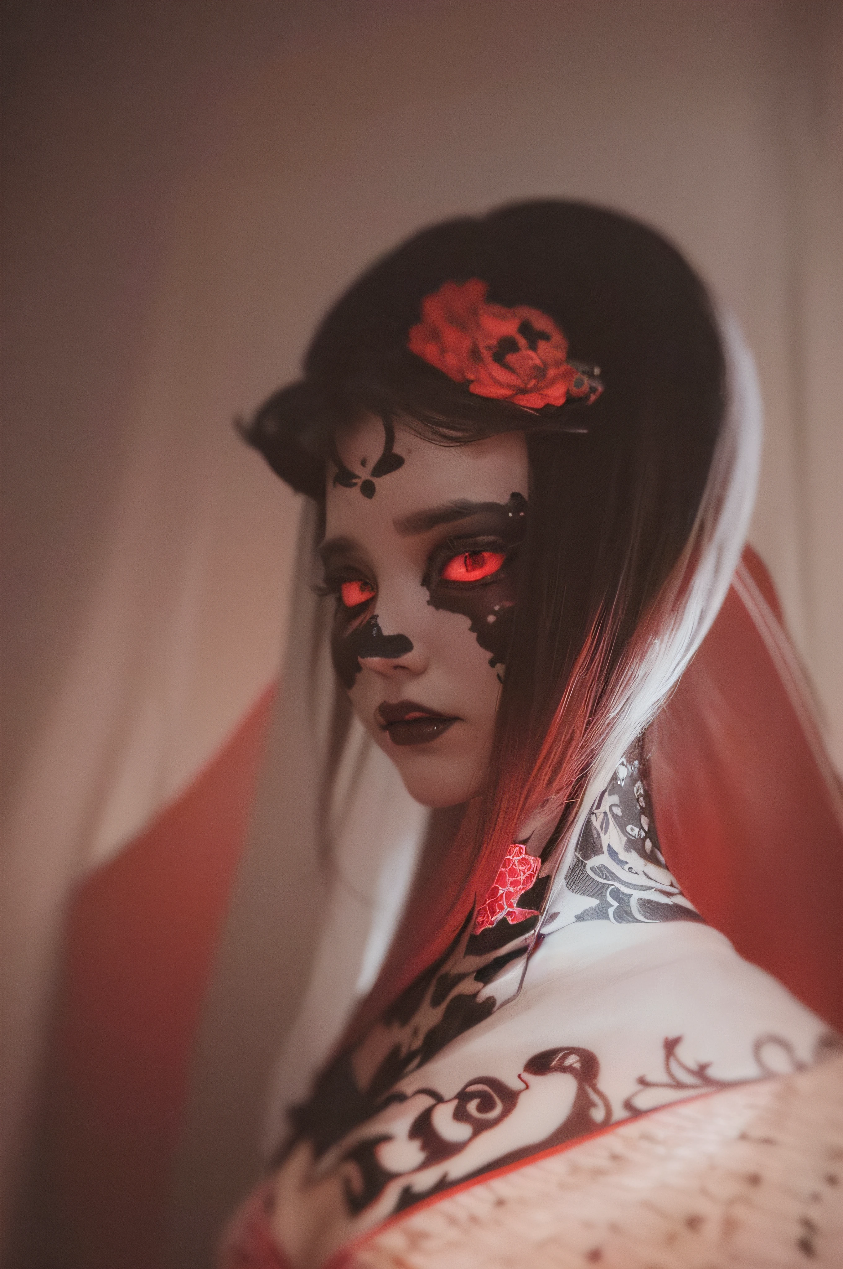 "(The best lighting, oscuro, dramatic),(feto calavera geisha escupiendo tinta roja, Cicatrices, sexy, cerebro, sangre, una rata dentro de la cabeza, terror.),(ojos rojos, calaveras). volumetric light.