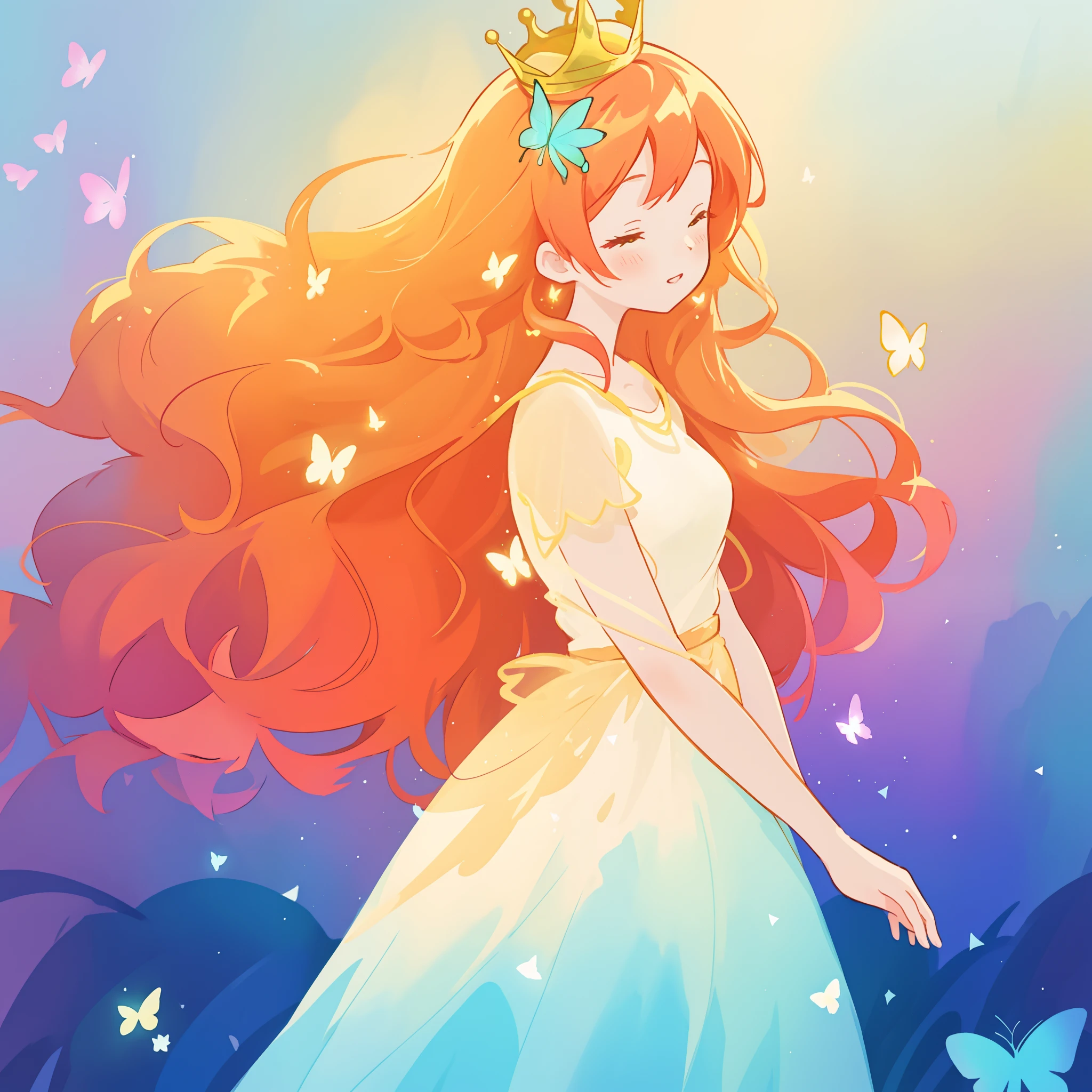 beautiful girl in flowing puffy gradient gold to aqua ballgown, ((glowing butterflies)), long sparkling red hair, delicate gold crown, fantasia background, watercolor illustration, inspired by Glen Keane, inspired by Lois van Baarle, disney art style, by Lois van Baarle, glowing aura around her, by Glen Keane, jen bartel, glowing lights! digital painting, flowing glowing hair, glowing flowing hair, beautiful digital illustration, fantasia otherworldly landscape plants flowers, beautiful, masterpiece, best quality, anime disney style