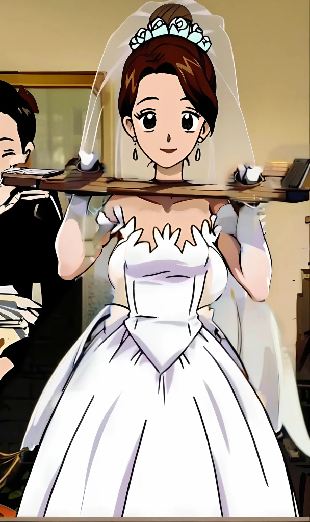 You forgot, 1girll, brunette, Close-up of a beautiful bride in a beautiful wedding dress, Gurvetz,（ pillory：1.5）, Flail on the head, Flail on the hands, Flail,(Bridal veil: 1.5), (Short transparent veil: 1.5), Flushed face, Head flower, head gear, (Tubular wedding dress: 1.5), (Silk dress: 1.2 ), (Strapless wedding dress: 1.5), Pure white dress, necklace, Earrings, (Huge breasts: 1.3), Deep V heart collar wedding dress, bangs, lipstick, (Lace gloves: 1.3), Full body photo, High detail RAW color art, a white long skirt, Whole body, with hands behind her back, and floor-length skirts