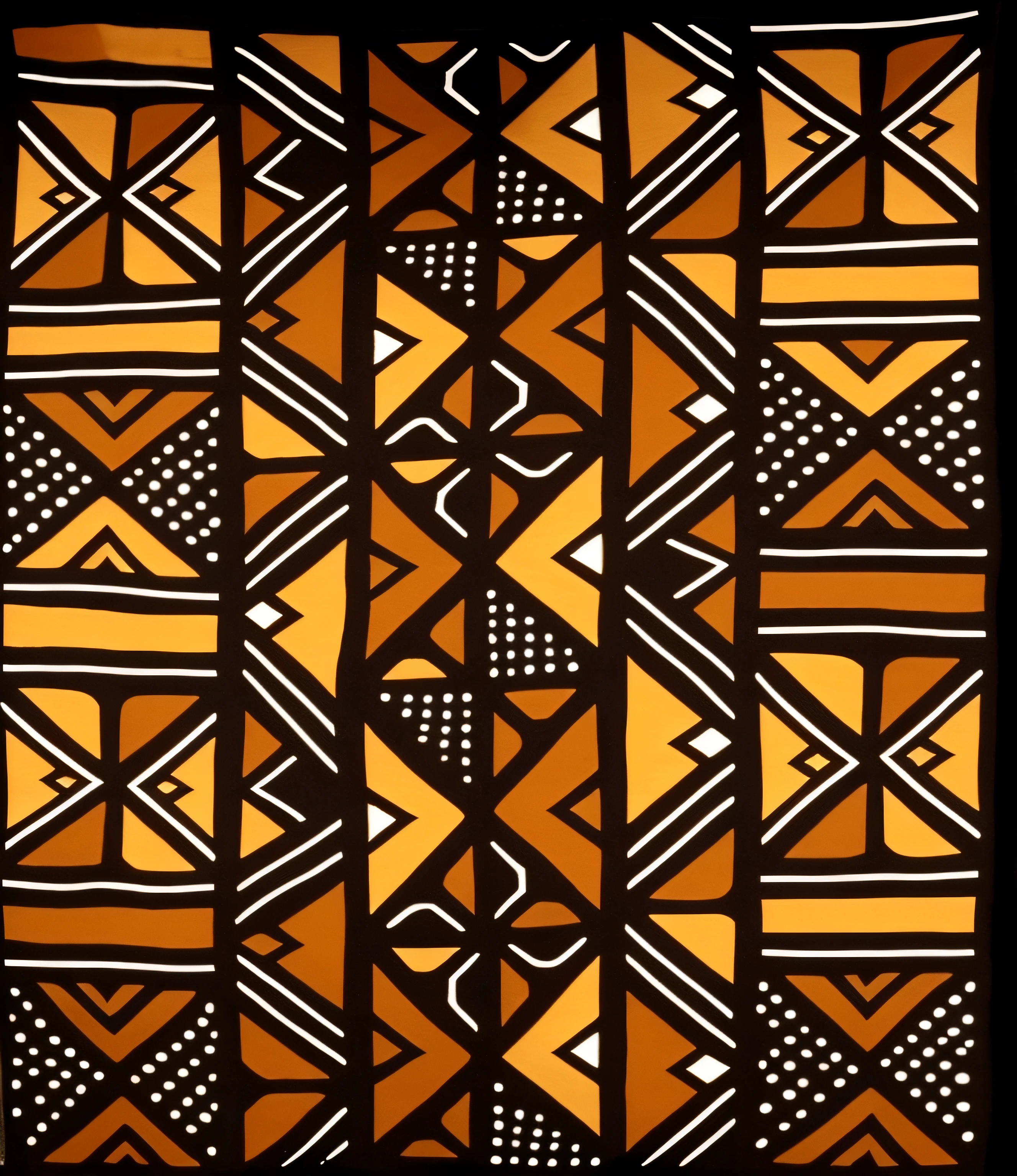 A closeup of a brown and black cloth with a pattern, West Africa masks style patterns, Artes Africanas, arte tribal, tribal patterns, Iconografia Africanoa, artistic tribal standards, Africano, inspirado em Bruce Onobrakpeya, textile print, Fractais Africanoos, pintura detalhada", marrom mudo, amarelo e preto;, Directed by: Dahlov Ipcar, tinta tribal, Textile