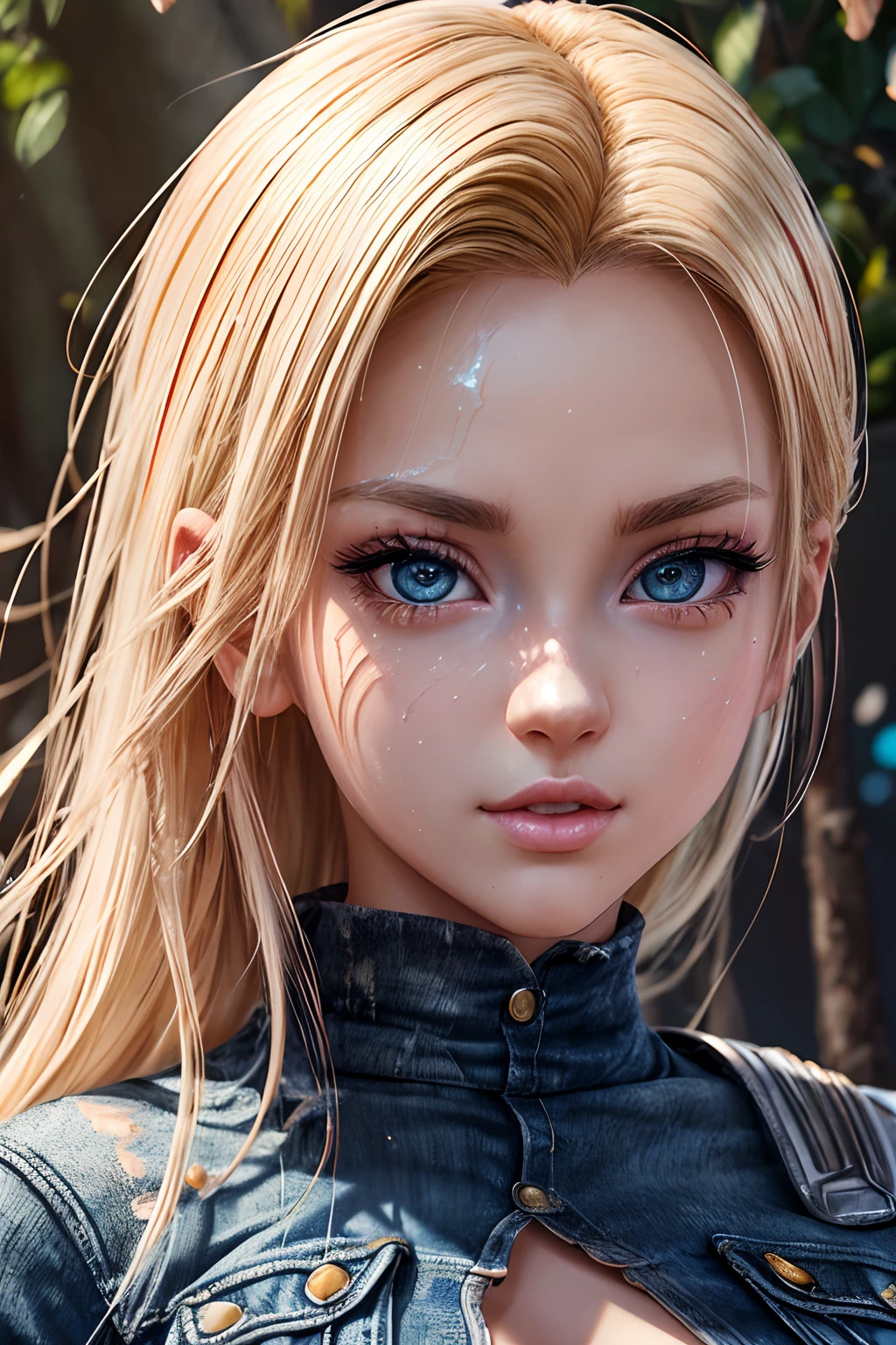 masterpiece, best quality, (extremely detailed CG unity 8k wallpaper, masterpiece, best quality, ultra-detailed, best shadow), (detailed background), (beautiful detailed face, beautiful detailed eyes), High contrast, (best illumination, an extremely delicate and beautiful),1girl,((colourful paint splashes on transparent background, dulux,)), ((caustic)), dynamic angle,beautiful detailed glow,full body, paint splash on face.  close up of a woman, anime girl with blonde hair and blue jeans posing for a picture, realistic anime 3 d style, android 18, seductive anime girl, anime realism style, attractive anime girl, realistic shaded perfect body, realistic anime artstyle, perfectly shaded body, anime girl, realistic anime art style, beautiful alluring anime woman, looking like android 18,