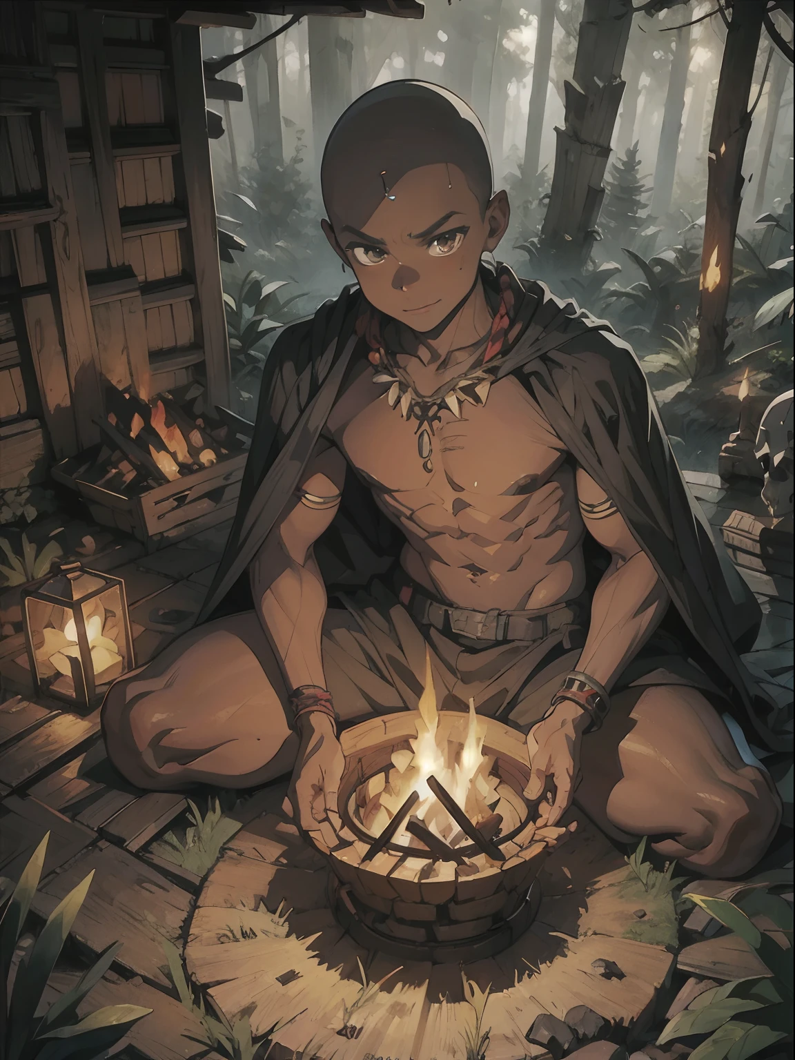 tribal , in the forest , sitting in the hut , dark skin boy  , bonfire , young boy , ornament , tribal chief ,  skin head , necromancer , skull ornament , menace