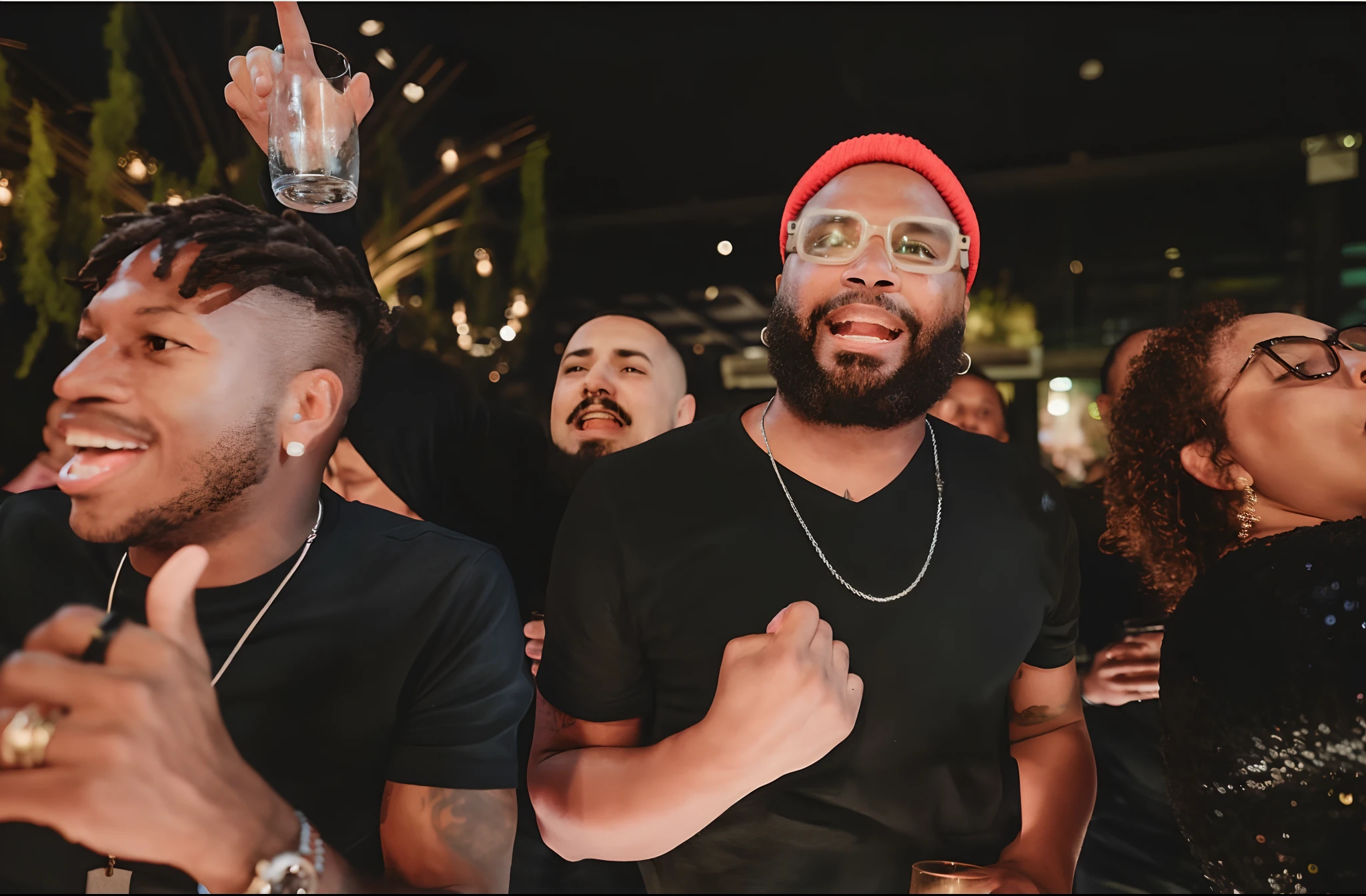 Several people are standing and laughing at a party, Foto em alta de 2019, Album art, com barba e camisa preta, millennial vibes, absolutamente, todo mundo se divertindo, Pessoas do partido em segundo plano, olhando para o lado, por Austin English, foto do perfil, dancing in the background, taken in the early 2020s, people dancing in background