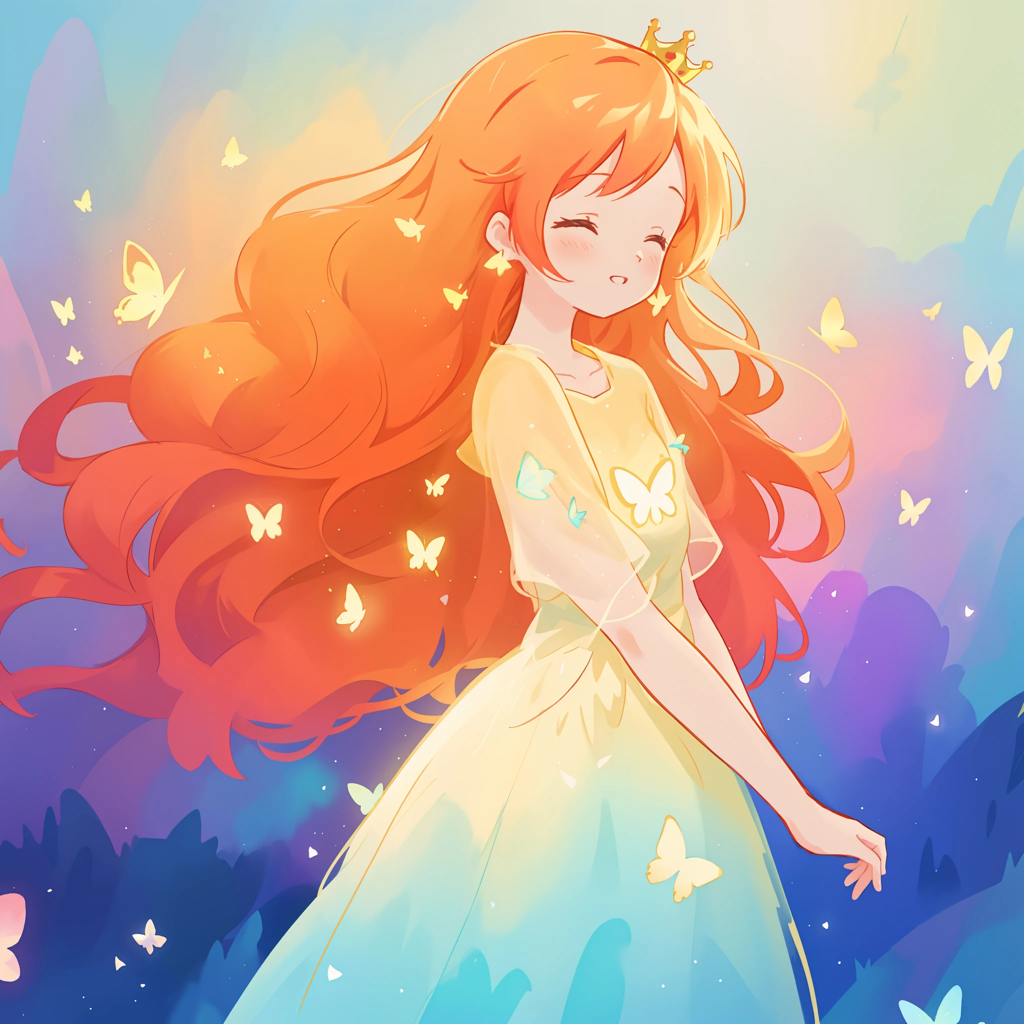 beautiful girl in flowing puffy gradient gold to aqua ballgown, ((glowing butterflies)), long sparkling red hair, delicate gold crown, fantasia background, watercolor illustration, inspired by Glen Keane, inspired by Lois van Baarle, disney art style, by Lois van Baarle, glowing aura around her, by Glen Keane, jen bartel, glowing lights! digital painting, flowing glowing hair, glowing flowing hair, beautiful digital illustration, fantasia otherworldly landscape plants flowers, beautiful, masterpiece, best quality, anime disney style