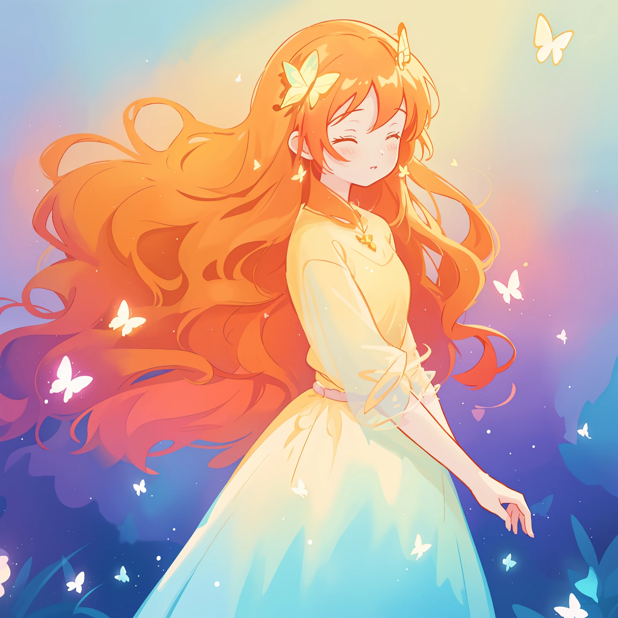 beautiful girl in flowing puffy gradient gold to aqua ballgown, ((glowing butterflies)), long sparkling red hair, delicate gold crown, fantasia background, watercolor illustration, inspired by Glen Keane, inspired by Lois van Baarle, disney art style, by Lois van Baarle, glowing aura around her, by Glen Keane, jen bartel, glowing lights! digital painting, flowing glowing hair, glowing flowing hair, beautiful digital illustration, fantasia otherworldly landscape plants flowers, beautiful, masterpiece, best quality, anime disney style