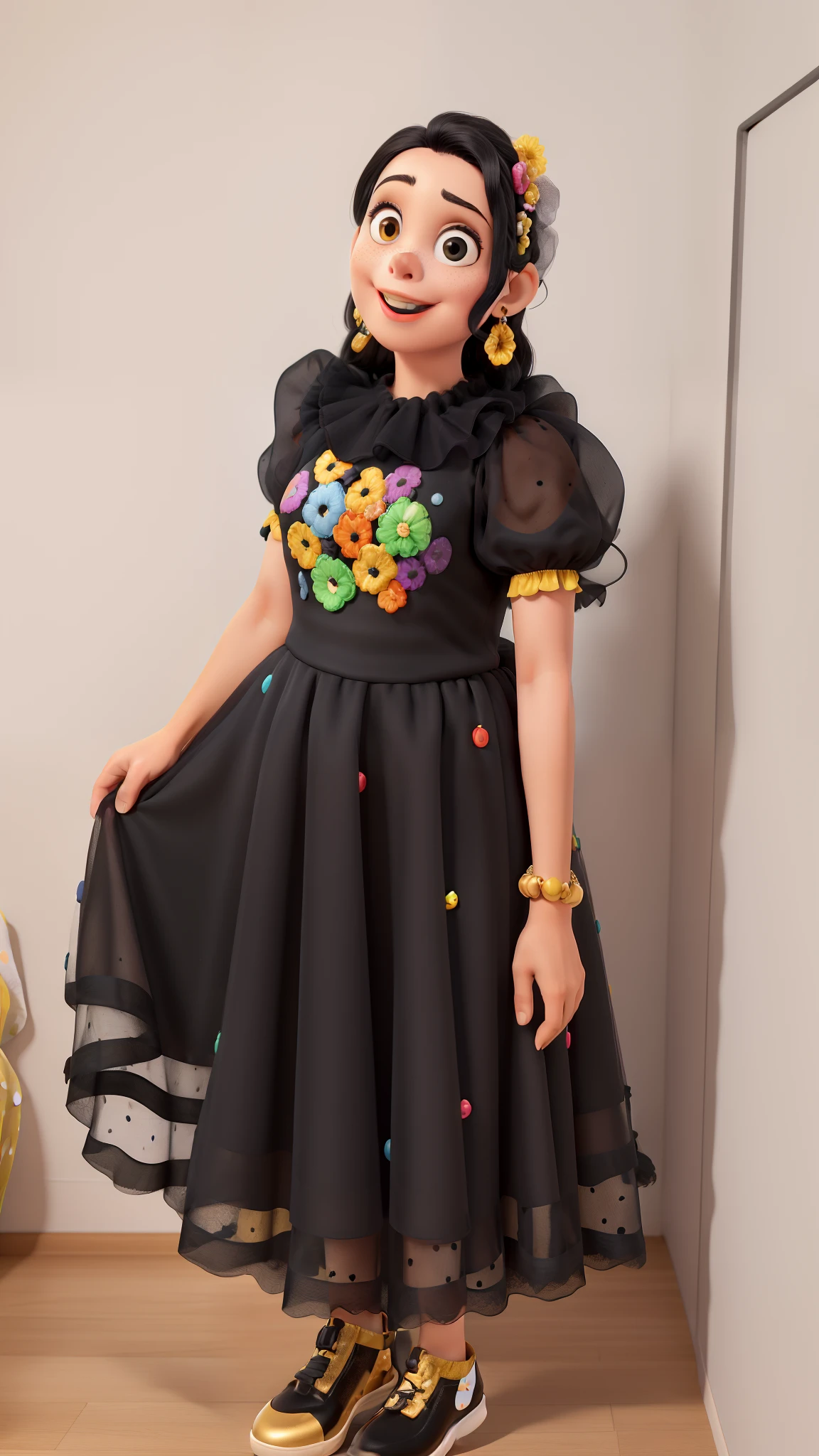 Obra-prima, de melhor qualidade, Children's ministry teacher and in black tulle dress and colorful polka dots, Black blouse and full of face on the blouse black sneakers with gold detail and colorful candy in the hair