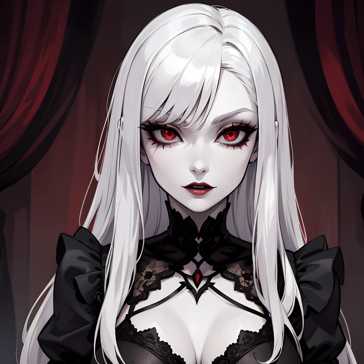 Female vampire, has white/silver hair, has red eyes, masterpiece, perfect eyes, pale skin, wearing gothic dress, wearing black lace gloves, portrait, solo, alone, (SOLO)(ALONE)