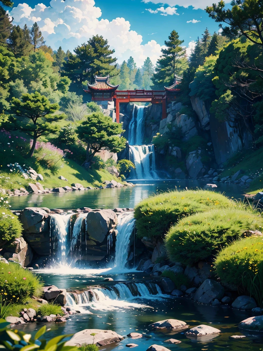 An incredibly detailed and photorealistic CG unity 8K wallpaper, the beauty of a classical Chinese garden, The stunning landscape features a serene lake and river surrounded by lush vegetation and majestic trees, natural light, blue sky, fluffy clouds, waterfall, Bokeh, Depth of Field, HDR, Bloom, Chromatic Aberration, and Intricate detail