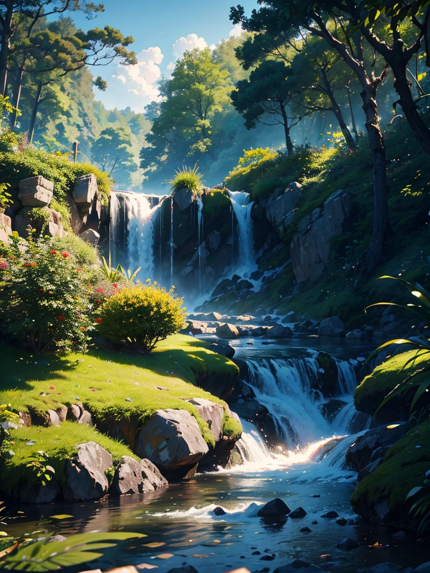 An incredibly detailed and photorealistic CG unity 8K wallpaper, the beauty of a classical Chinese garden, The stunning landscape features a serene lake and river surrounded by lush vegetation and majestic trees, natural light, blue sky, fluffy clouds, waterfall, Bokeh, Depth of Field, HDR, Bloom, Chromatic Aberration, and Intricate detail