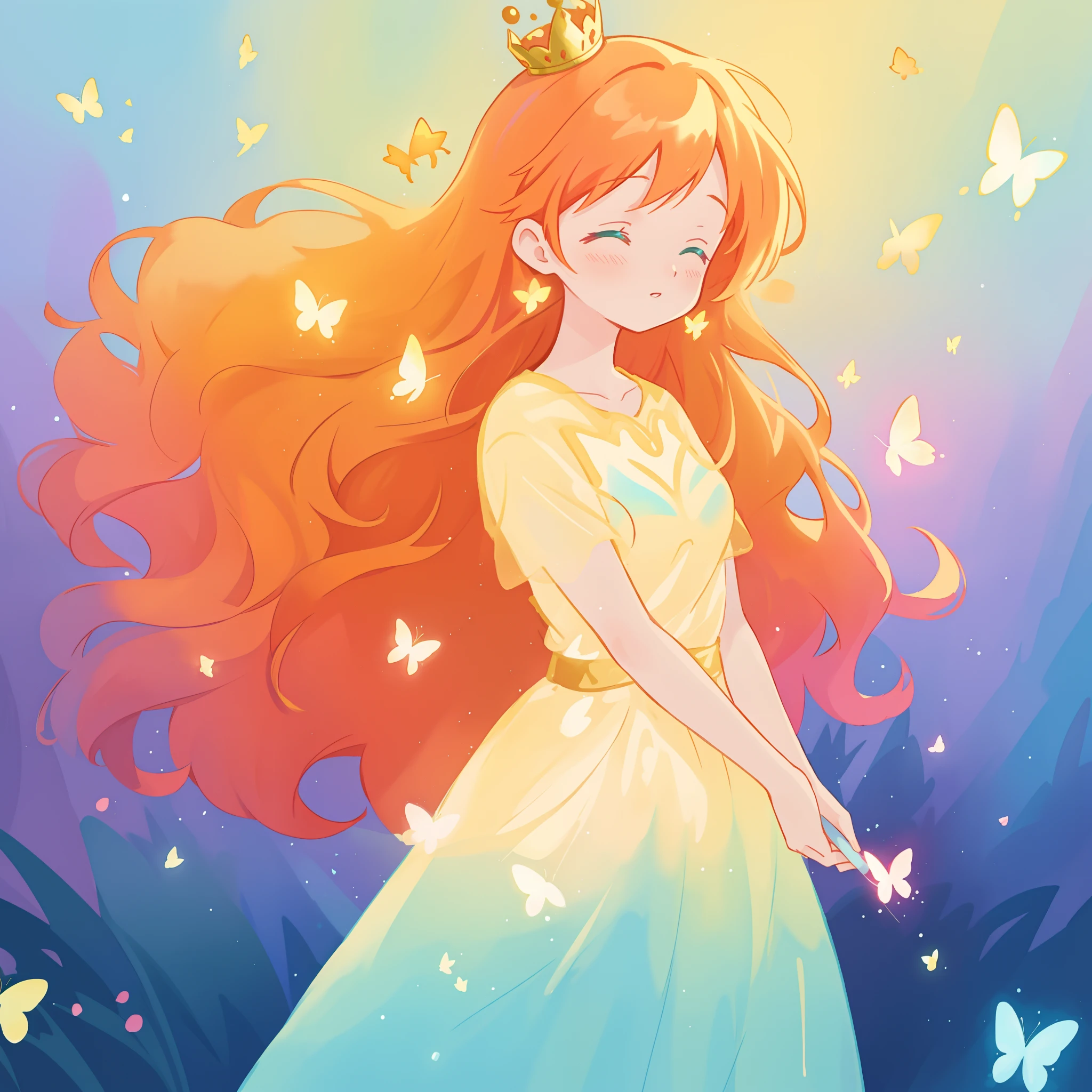 beautiful girl in flowing puffy gradient gold to aqua ballgown, ((glowing butterflies)), long sparkling red hair, delicate gold crown, fantasia background, watercolor illustration, inspired by Glen Keane, inspired by Lois van Baarle, disney art style, by Lois van Baarle, glowing aura around her, by Glen Keane, jen bartel, glowing lights! digital painting, flowing glowing hair, glowing flowing hair, beautiful digital illustration, fantasia otherworldly landscape plants flowers, beautiful, masterpiece, best quality, anime disney style