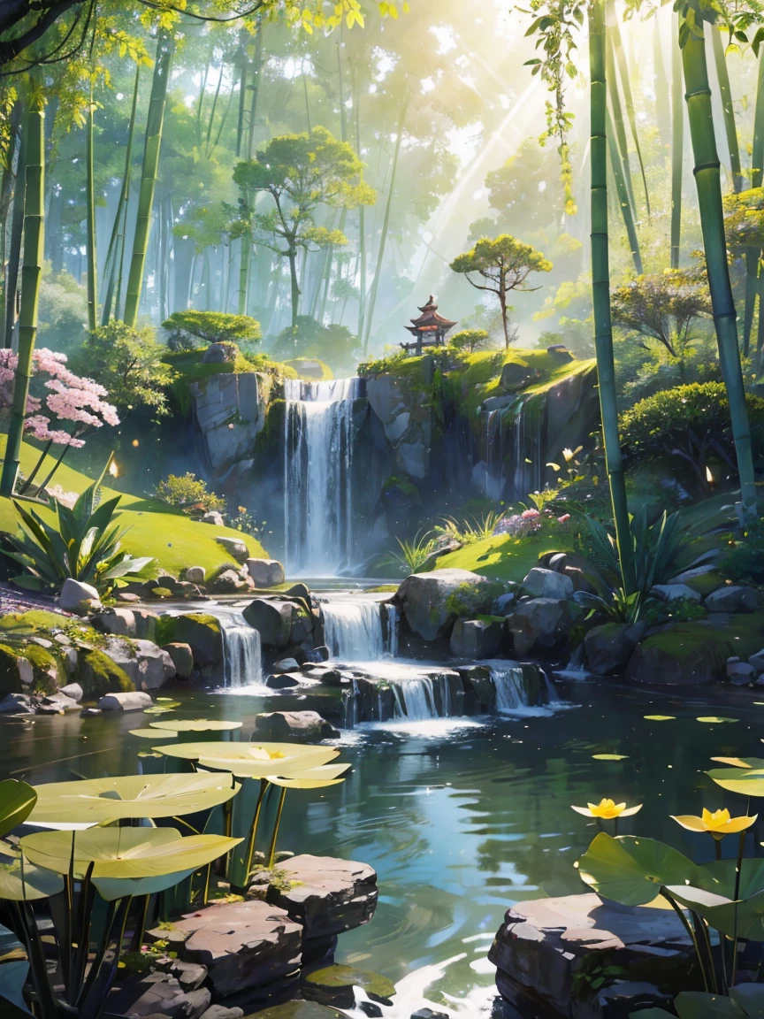 ((Best quality, masterpiece: 1.2)), CG, 8K, intricate details, cinematic perspective, (no one around), (Ancient Chinese garden), pond filled with lotus flowers, rocks, flowers, bamboo forests, waterfalls, wooded areas, small bridges spanning babbling streams, detailed foliage and flowers, (sunlight shining, sparkling waves), peaceful and serene atmosphere, ((soft and elegant colors)), ((exquisitely crafted composition))