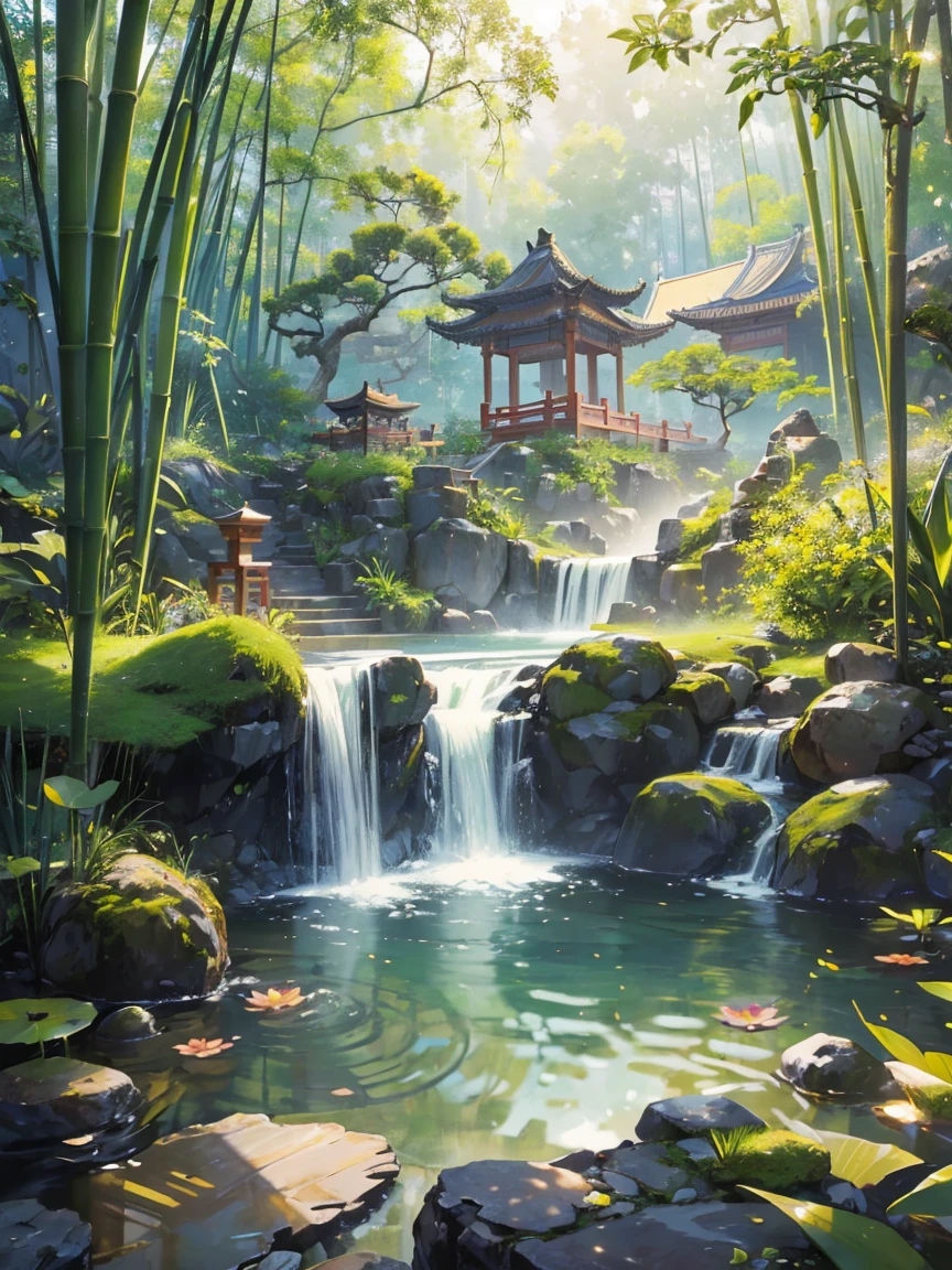 ((Best quality, masterpiece: 1.2)), CG, 8K, intricate details, cinematic perspective, (no one around), (Ancient Chinese garden), pond filled with lotus flowers, rocks, flowers, bamboo forests, waterfalls, wooded areas, small bridges spanning babbling streams, detailed foliage and flowers, (sunlight shining, sparkling waves), peaceful and serene atmosphere, ((soft and elegant colors)), ((exquisitely crafted composition))
