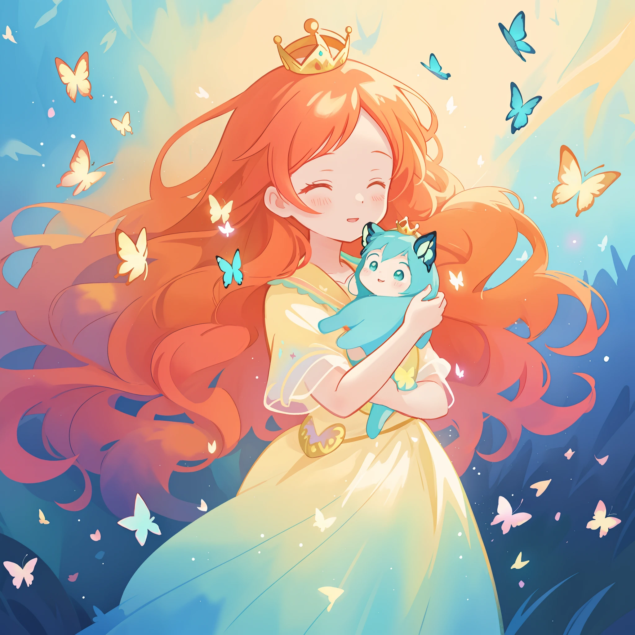 beautiful girl in flowing puffy gradient gold to aqua ballgown, ((glowing butterflies)), long sparkling red hair, delicate gold crown, fantasia background, watercolor illustration, inspired by Glen Keane, inspired by Lois van Baarle, disney art style, by Lois van Baarle, glowing aura around her, by Glen Keane, jen bartel, glowing lights! digital painting, flowing glowing hair, glowing flowing hair, beautiful digital illustration, fantasia otherworldly landscape plants flowers, beautiful, masterpiece, best quality, anime disney style