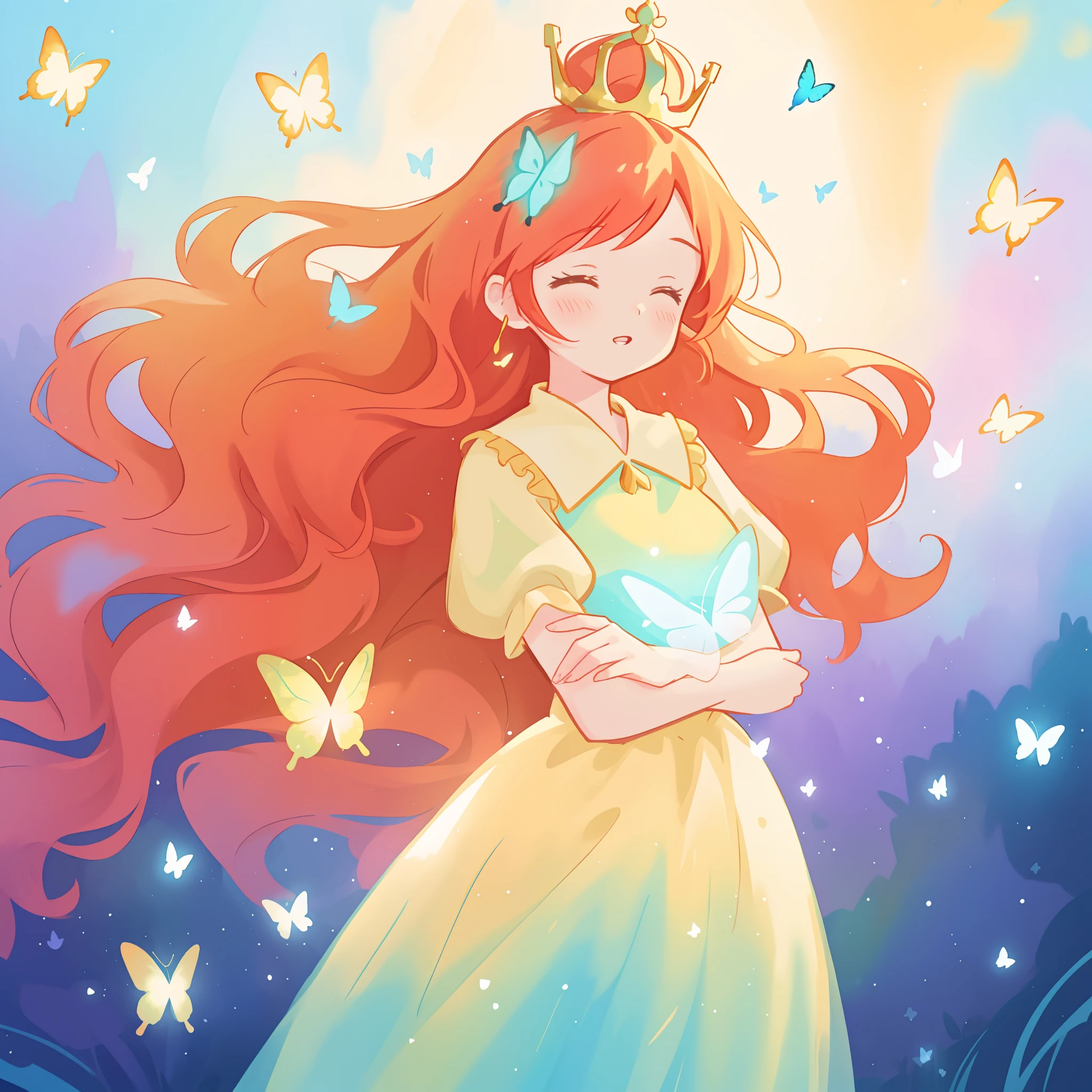 beautiful girl in flowing puffy gradient gold to aqua ballgown, ((glowing butterflies)), long sparkling red hair, delicate gold crown, fantasia background, watercolor illustration, inspired by Glen Keane, inspired by Lois van Baarle, disney art style, by Lois van Baarle, glowing aura around her, by Glen Keane, jen bartel, glowing lights! digital painting, flowing glowing hair, glowing flowing hair, beautiful digital illustration, fantasia otherworldly landscape plants flowers, beautiful, masterpiece, best quality, anime disney style