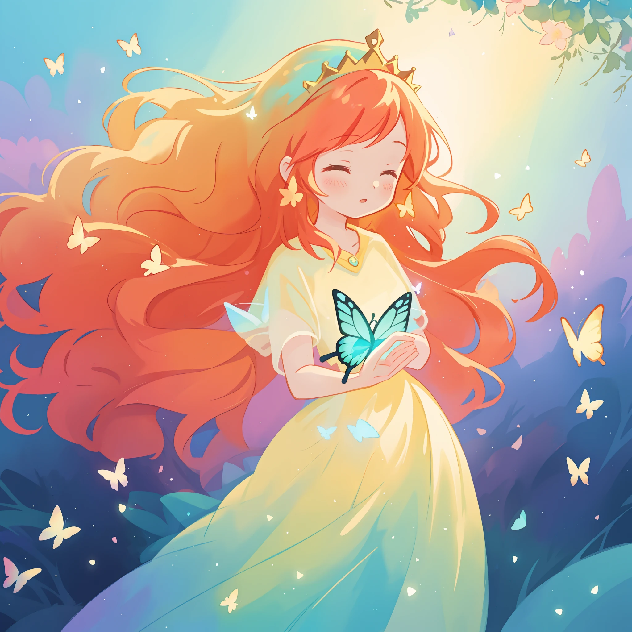 beautiful girl in flowing puffy gradient gold to aqua ballgown, ((glowing butterflies)), long sparkling red hair, delicate gold crown, fantasia background, watercolor illustration, inspired by Glen Keane, inspired by Lois van Baarle, disney art style, by Lois van Baarle, glowing aura around her, by Glen Keane, jen bartel, glowing lights! digital painting, flowing glowing hair, glowing flowing hair, beautiful digital illustration, fantasia otherworldly landscape plants flowers, beautiful, masterpiece, best quality, anime disney style