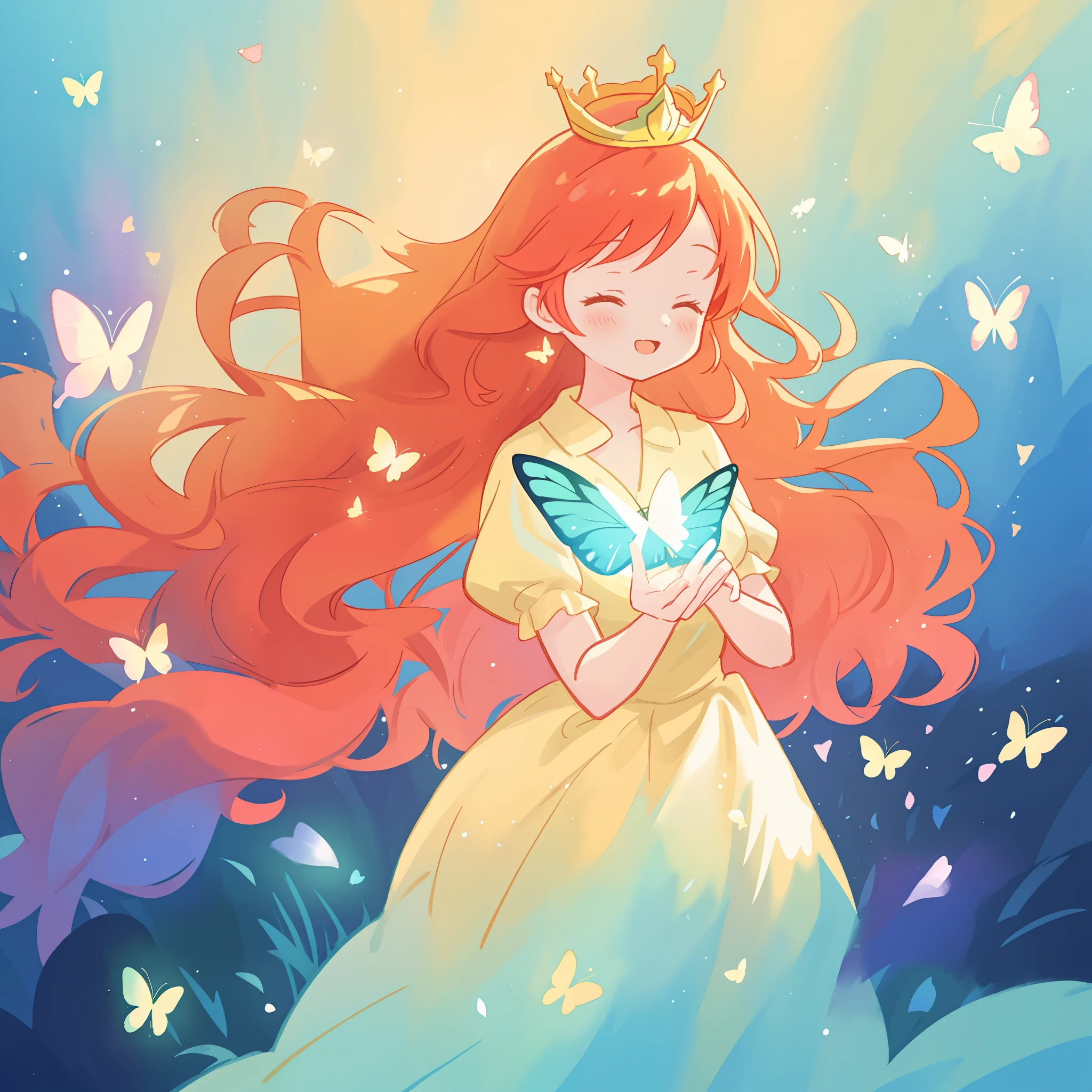 beautiful girl in flowing puffy gradient gold to aqua ballgown, ((glowing butterflies)), long sparkling red hair, delicate gold crown, fantasia background, watercolor illustration, inspired by Glen Keane, inspired by Lois van Baarle, disney art style, by Lois van Baarle, glowing aura around her, by Glen Keane, jen bartel, glowing lights! digital painting, flowing glowing hair, glowing flowing hair, beautiful digital illustration, fantasia otherworldly landscape plants flowers, beautiful, masterpiece, best quality, anime disney style