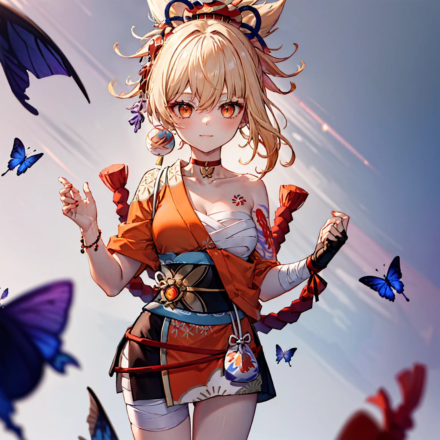 1 Girl, Absurdres, Asymmetrical Hair, Bandaged Leg, Bandages, Bangs, Black Gloves, Black Sash, Blonde Hair, Medium Breasts, Budget Sarashi, Butterfly Choker, Chest Sarashi, Chest Tattoo, Choker, Cleavage, Collarbone, RAW photo, Depth of Field, Surreal, Fingerless Gloves, Fish Hair Ornament, Floating Hair, Flower Tattoo, Genshin Impact, Gloves, Hadanugi Dousa, Hair Between Eyes, Hair Ornament, Head, High Ponytail, Highres, Houkisei, Japanese Clothes, Kanzashi, Kimono, Kinchaku, Breasts, origen, Looking at Viewer, Medium Hair, Nail Polish, Obi, Obiage, Obijime, Orange Eyes, Orange Kimono, Orange Nails, Paid Reward Available, Pendant Choker, Pouch, Print Kimono, Red Choker, Rope, Sarashi, Sash, Shimenawa, Short Kimono, Sidelocks, Single Bare Shoulder, Single Fingerless Glove, Single Glove, Smile, Closed mouth, Solo, Tassel, Tattoo, Medium Thighs, Vision (Genshin Impact), Wristband, Yoimiya (Genshin Impact), Yoimiya from Genshin Impact, (white background, simple background, plain background, boring background, nothing, effectless, blurry background, no background, upper chest, close-up, half-body adaptable: 3.75), straight angle, ((standing, straight pose, dynamic poses, perfect proportions, middle centered)),