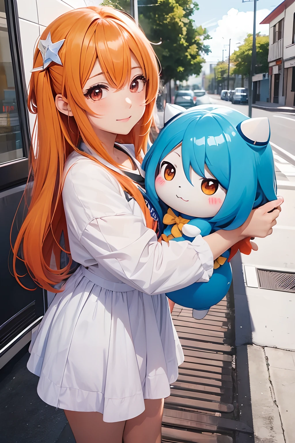 chica anime con cabello naranja y ojos azules con una estrella en la cabeza, Ella tiene una linda cara expresiva, linda cara de anime, Cara de chica de anime extremadamente linda, Danbooru, Lolish, Chica de anime llamada Lucy, booru, Shikamimi, en un anime, loli, lindo anime, Anime visual de una chica linda, Moe