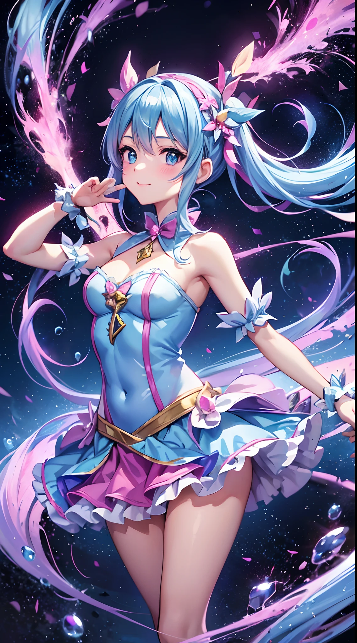 Super Idol　a beauty girl　A charming smile　sky blue hair　length hair　Twin-tailed　Bright white and pink and blue bright sexy leotard outfit　Fantasia　constellation　a moon　Crystal Brilliance　Aurora Borealis floating in the night sky and anime girl in a pink dress, Light blue long hair、Twin-tailed、Cute anime waifu in a nice dress, loli in dress, rem rezero, offcial art, Anime princess, Lori, beatrice blue, zerochan art, royal elegant pose, official artwork, splash art anime loli, Pisif, Kushatt Krenz Key Art Women, detailed fan art, Beautiful teenage girl