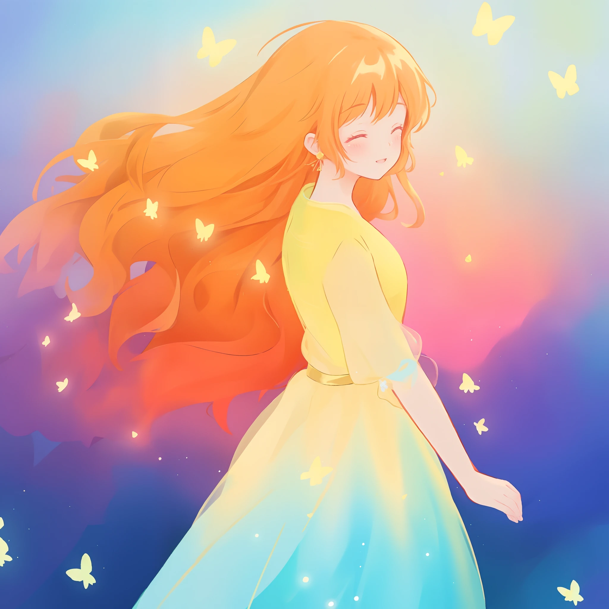 beautiful girl in flowing puffy gradient gold to aqua ballgown, ((glowing gold butterflies)), flowing sheer sleeves, (gradient yellow to aqua ballgown skirt), long sparkling red hair, delicate gold crown, fantasia background, watercolor illustration, inspired by Glen Keane, inspired by Lois van Baarle, disney art style, by Lois van Baarle, glowing aura around her, by Glen Keane, jen bartel, glowing lights! digital painting, flowing glowing hair, glowing flowing hair, beautiful digital illustration, fantasia otherworldly landscape plants flowers, beautiful, masterpiece, best quality, anime disney style