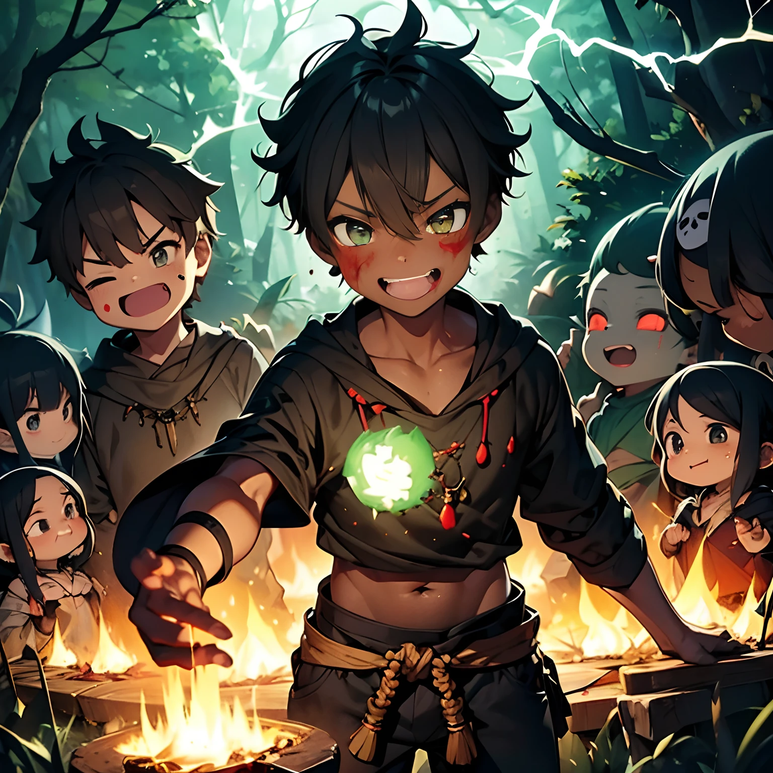 tribal , in the forest , casting magic , dark skin boy  ,  young boy , ornament , tribal chief , sorcerer , skull ornament , menacing smile , voodoo doll, demon processed , green flame , lightning , night time , blood magic , blood splat , sacrifice