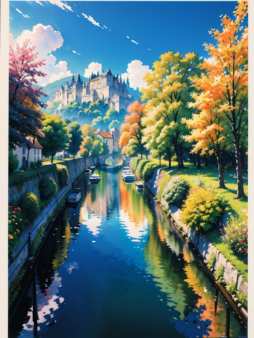 (absurdres, highres, ultra detailed), award winning watercolor landscape view of France  Ultra photo realism, super-fine, 8K,Premium wallpapers，Highest image quality, 3D, masterpeice