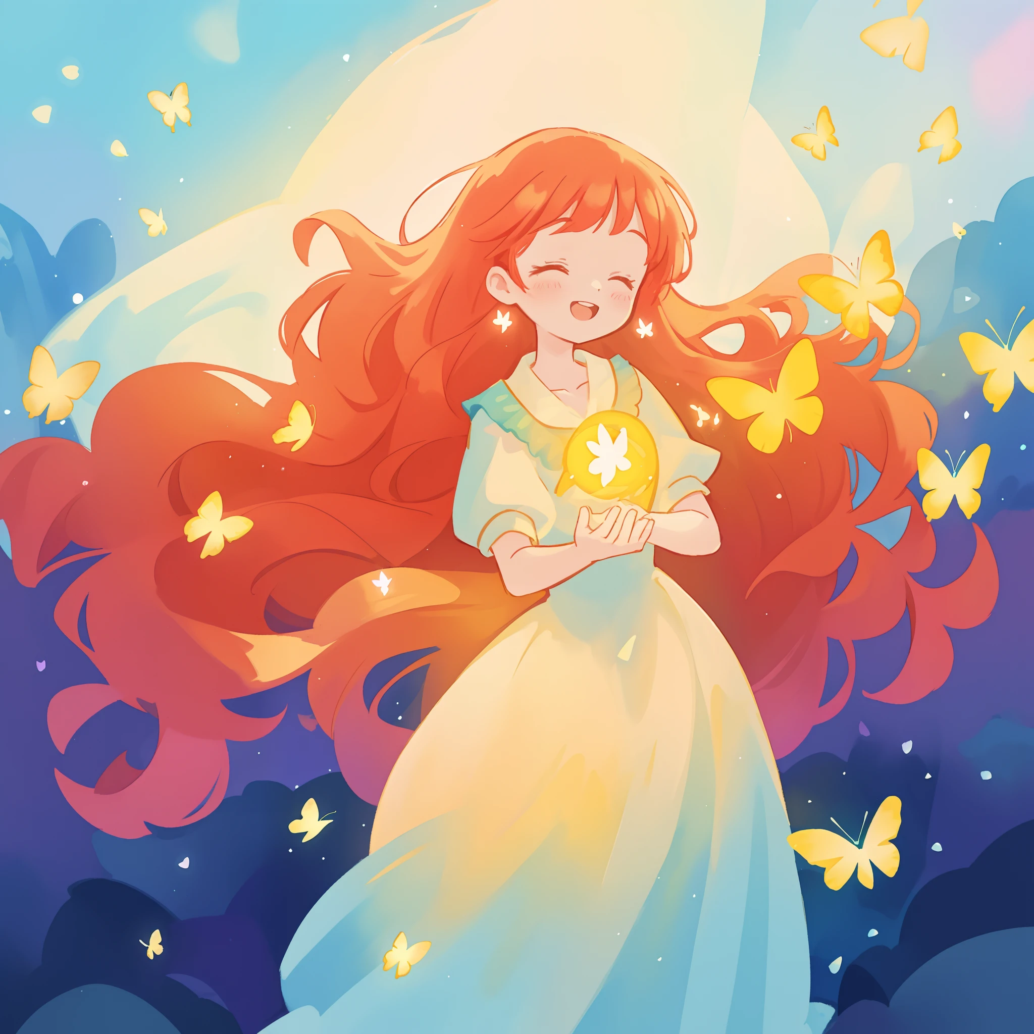 beautiful girl in flowing puffy gradient gold to aqua ballgown, ((glowing yellow butterflies)), long sparkling red hair, fantasia background, watercolor illustration, inspired by Glen Keane, inspired by Lois van Baarle, disney art style, by Lois van Baarle, glowing aura around her, by Glen Keane, jen bartel, glowing lights! digital painting, flowing glowing hair, glowing flowing hair, beautiful digital illustration, fantasia otherworldly landscape plants flowers, beautiful, masterpiece, best quality, anime disney style