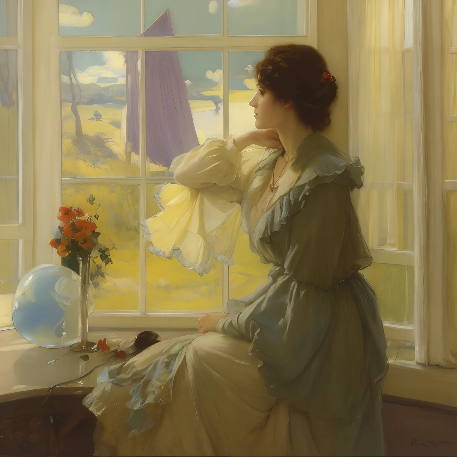 pintura de uma mulher sentada em frente a uma janela com um ventilador, Directed by: Charles Harold Davis, Directed by: Edmund Charles Tarbell, Directed by: Philip Wilson Steer, inspirado em Frank Weston Benson, Directed by: Frank Weston Benson, Directed by: Arthur Quartley, Directed by: George Gardner Symons, Henrique Meynell Rheam, Directed by: Edgar Schofield Baum, Directed by: Rose Maynard Barton