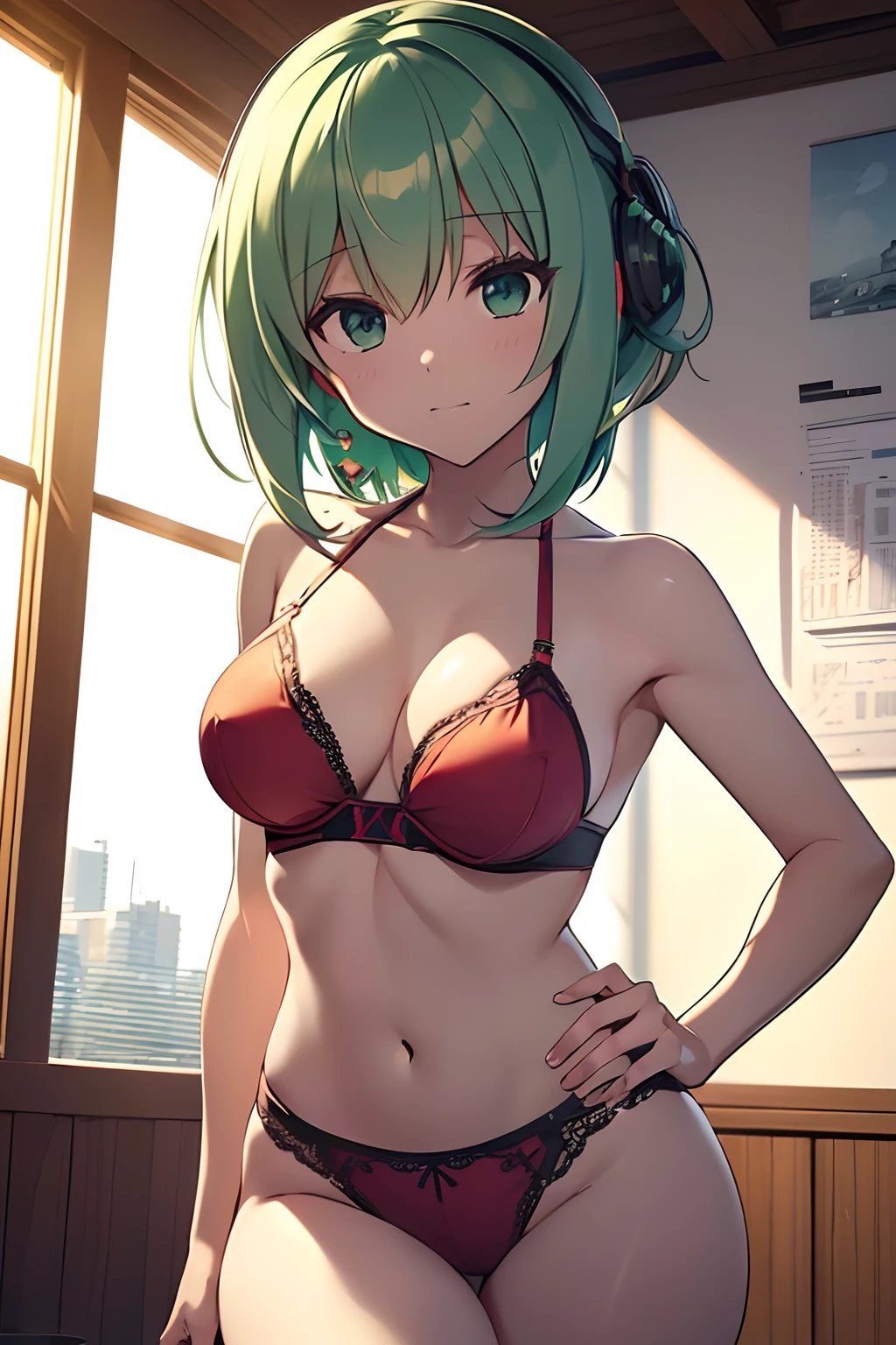 ((masutepiece)), ((Best Quality)), 8K, detaileds, Ultra-detailed, Detailed and Intricicated, 1girl in, Green hair, Medium hair, in one's underwear only, Red lingerie, Staring at me in embarrassment,