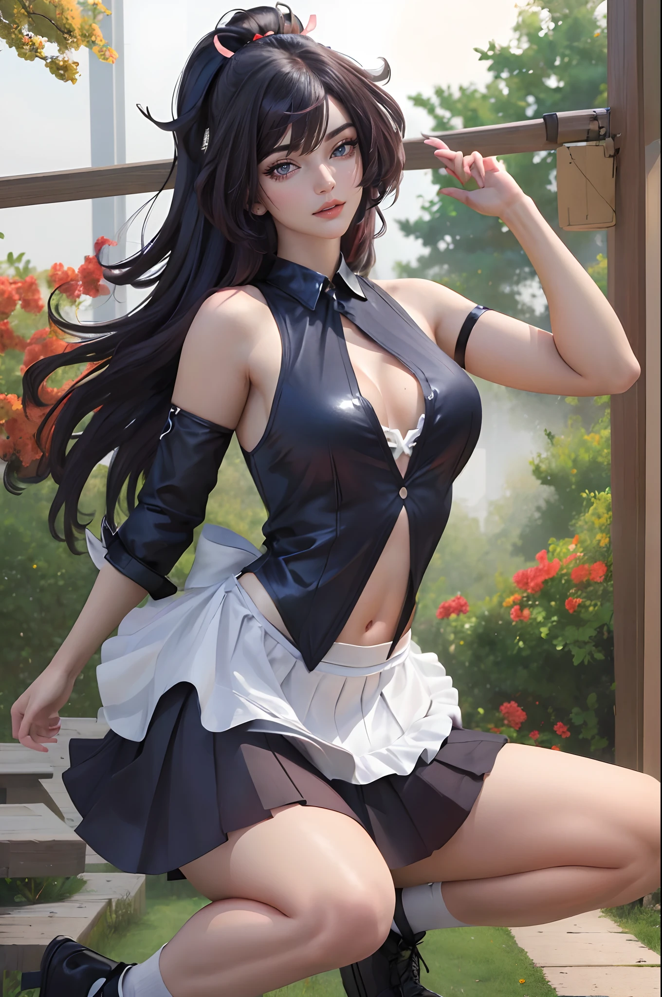 (masterpece:1.3), (photorealistic:1.3), (best quality:1.3), 8k, uhd, high resolution, 1girl, ((large breats)), best lighting, best shadow, looking at viewer, breasts focuss, best anatomy, short skirt, bare shoulders, dynamic pose, dynamic angle, pose, sexy, neckband, maid costume, tight clothes, half body, navel,