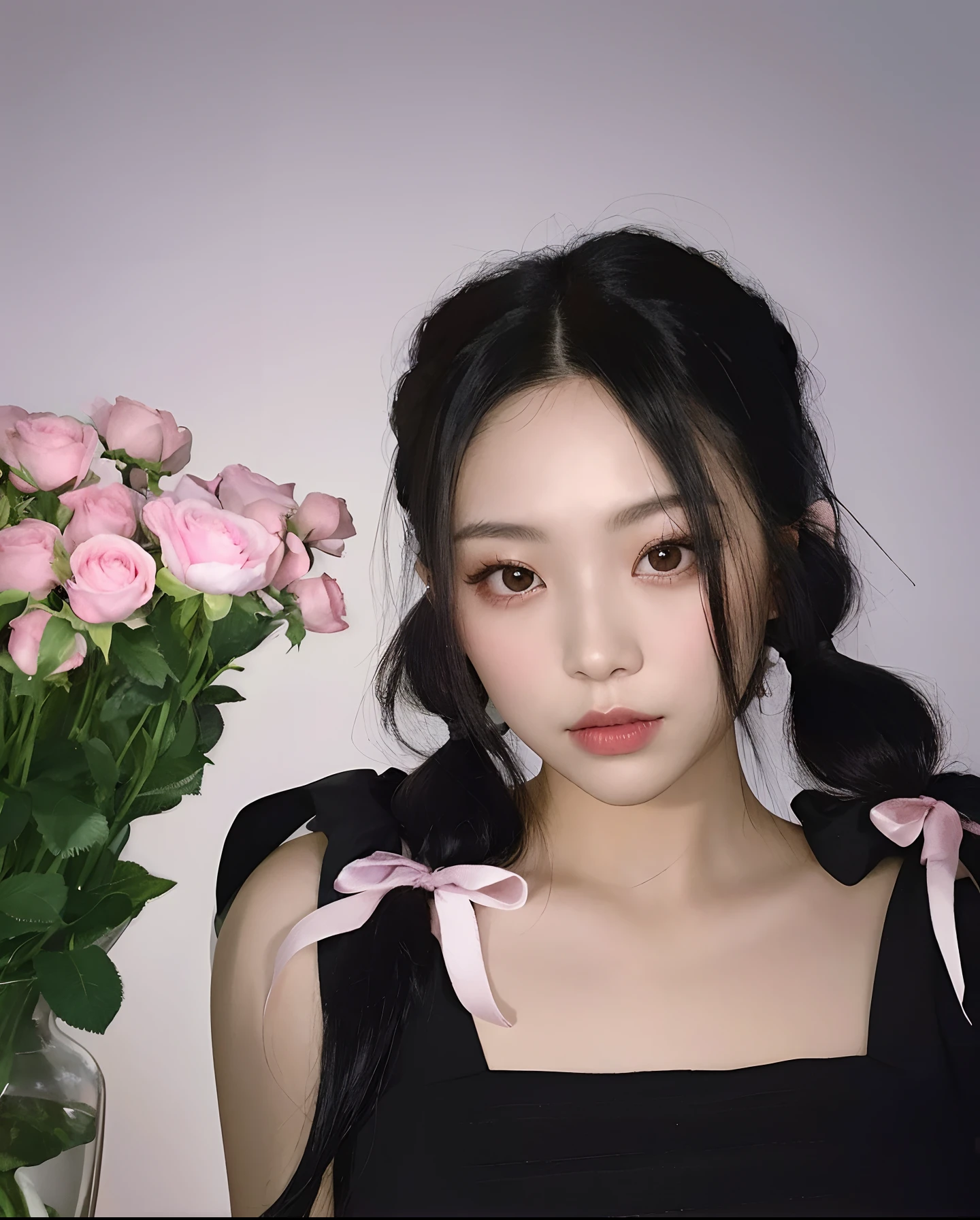 Hay una mujer con un vestido negro y flores rosas, peinado de coletas, Dos coletas peinado, con coletas negras, ulzzang, Peinado twintails, Pelo de coletas, pelo corto de coletas, Hermosa Delphine, Coletas, Chica coreana, Xintong Chen, Retrato de Jossi de Blackpink, Jossi de Blackpink, cintas de pelo negro