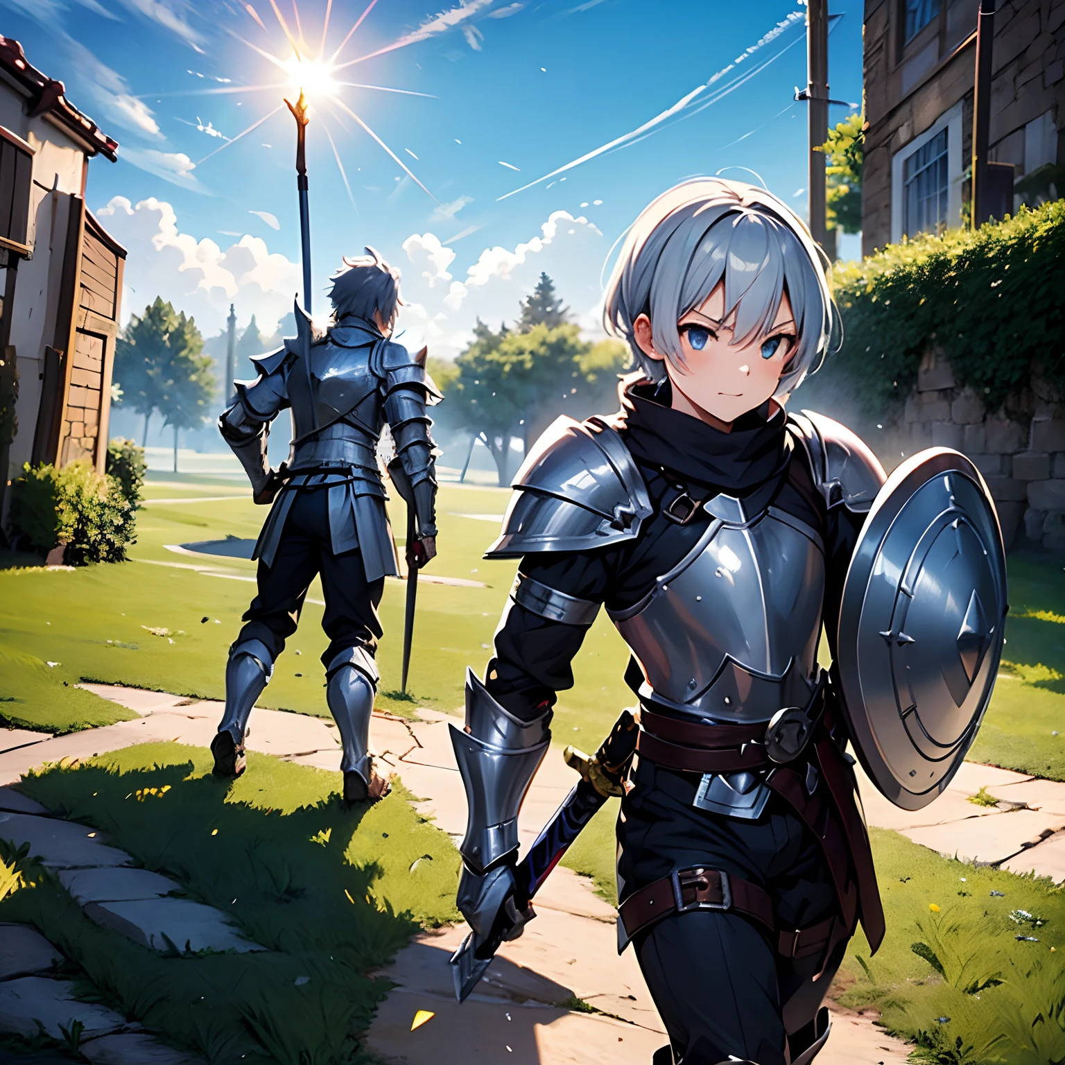 knight , light armor , training , isekai , fantasy knight , western knight , shinning silver armor , training yard , sword and shield , young boy , sun light