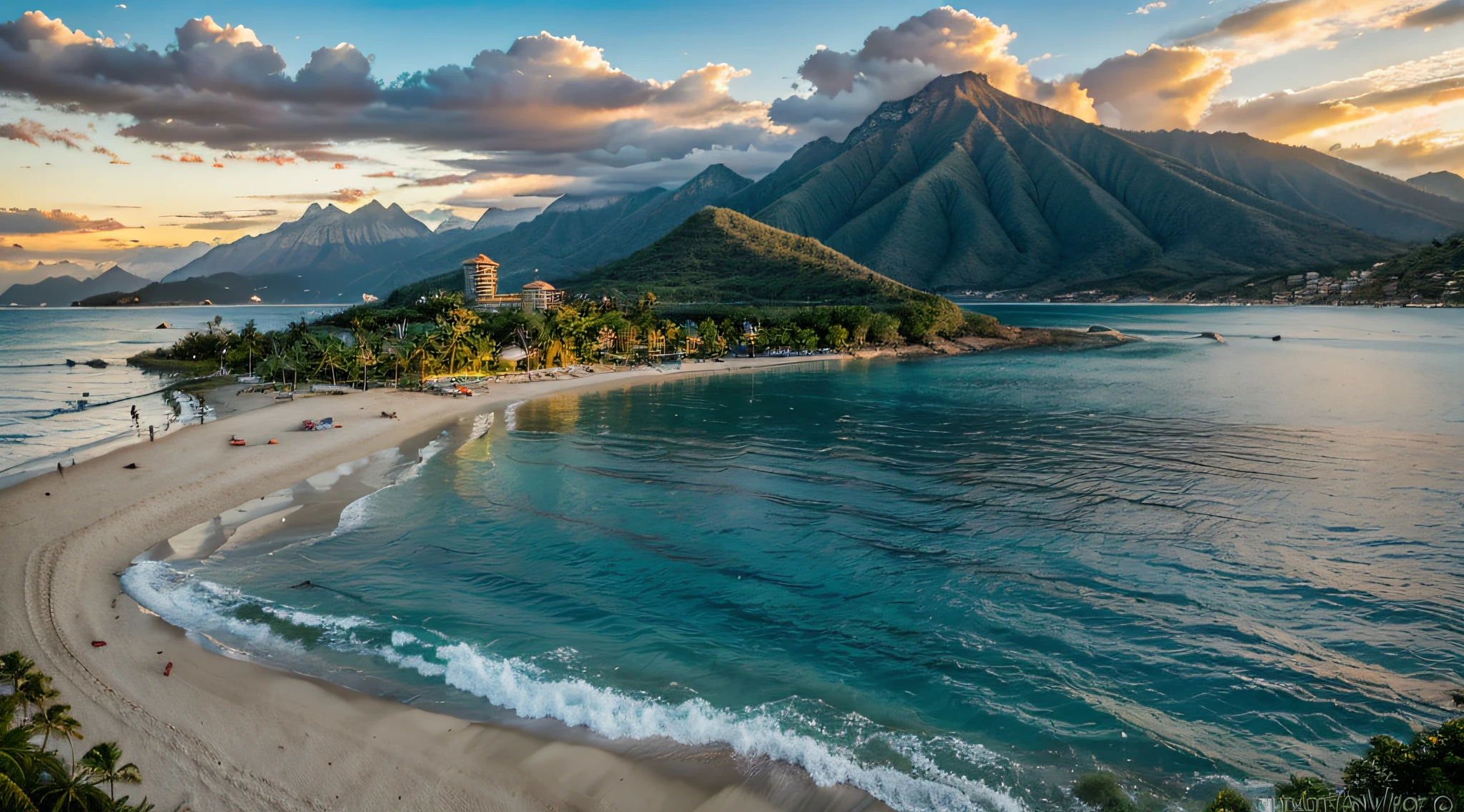 paradise beach, Surrounded by towering mountains, con palmeras y arenas suaves, donde se puede disfrutar de hermosos atardeceres.