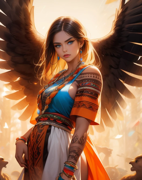 masterpiece, Cowboy shot, (1woman), (1 Eagle behind her), (tribal dress:1.2), (beautiful blue eyes), ((tribal (Eagle) tattoo)), white and orange colors, foggy background, dynamic pose, (looking at viewer), (front view), (from sky), (bokeh:1.2)
