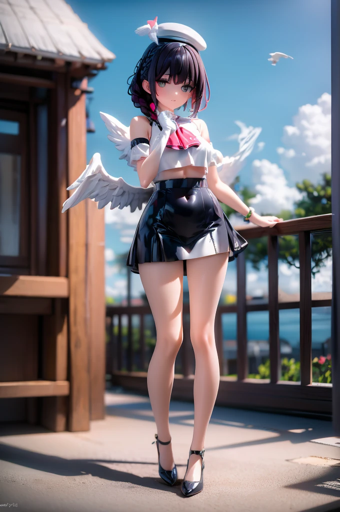 masterpiece, best quality, full body, feathered wings, feathers, flying, sky, sunlight, cloud, reaching out, mini top hat, mini hat, white headwear, braid, ascot, clothing cutout, shoulder cutout, short sleeves, white gloves, cropped jacket, white jacket, belt, navel, midriff, short shorts, white skirt, white footwear, sfw