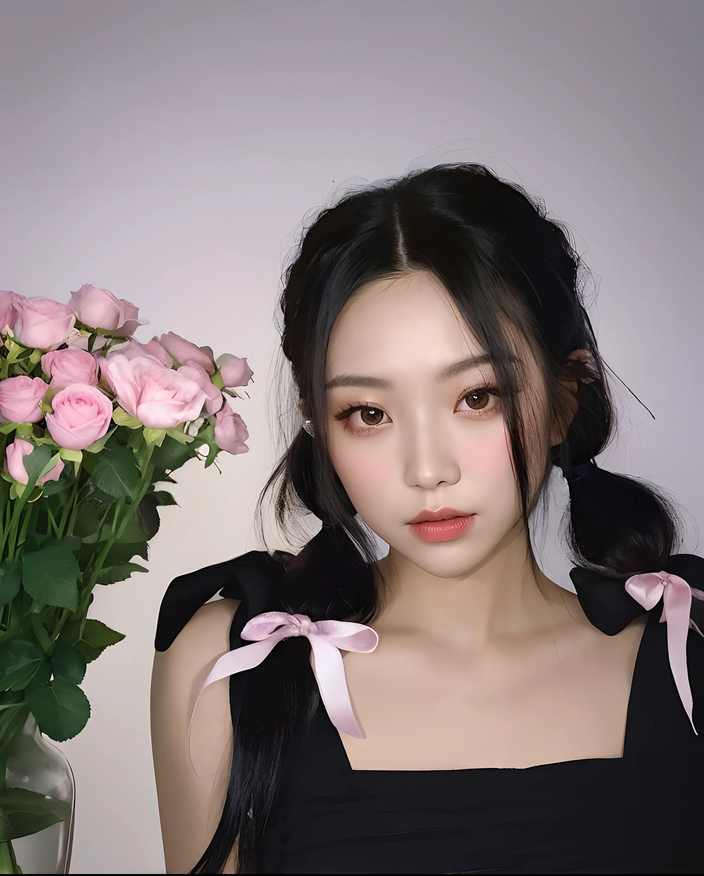 Hay una mujer con un vestido negro y flores rosas, peinado de coletas, Dos coletas peinado, con coletas negras, ulzzang, Peinado twintails, Pelo de coletas, pelo corto de coletas, Hermosa Delphine, Coletas, Chica coreana, Xintong Chen, Retrato de Jossi de Blackpink, Jossi de Blackpink, cintas de pelo negro