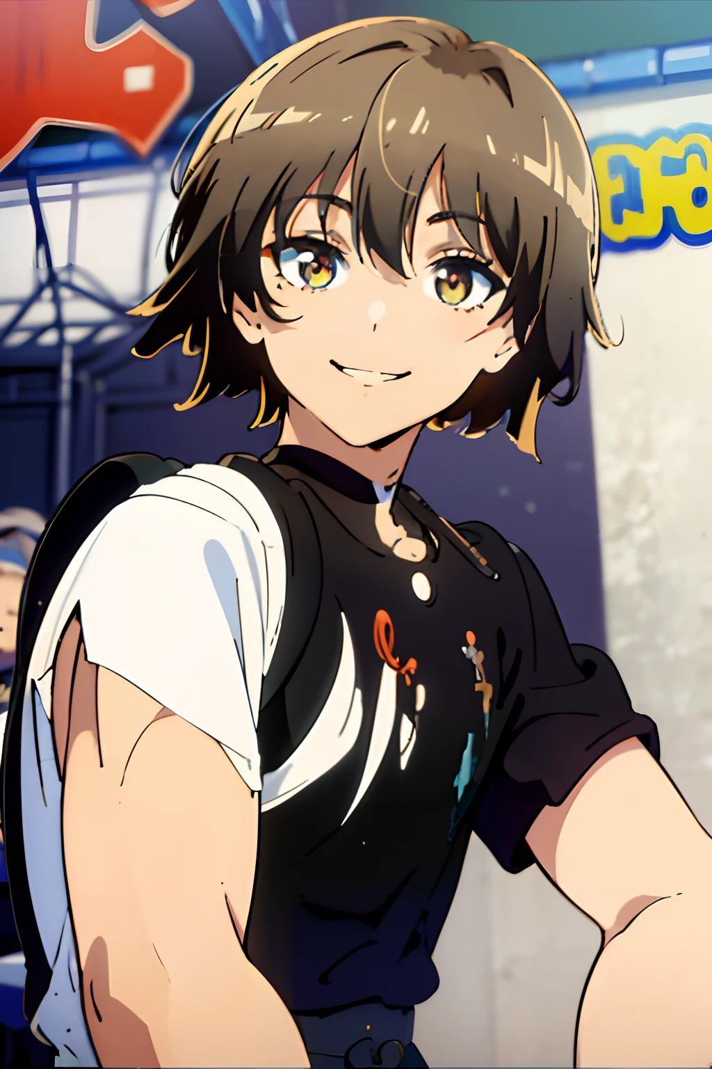 Androgynous character, short hair, messy hair, cute yet sharp features, smiling, flat chest, pportrait, boyish haircut, femboy, tomboy