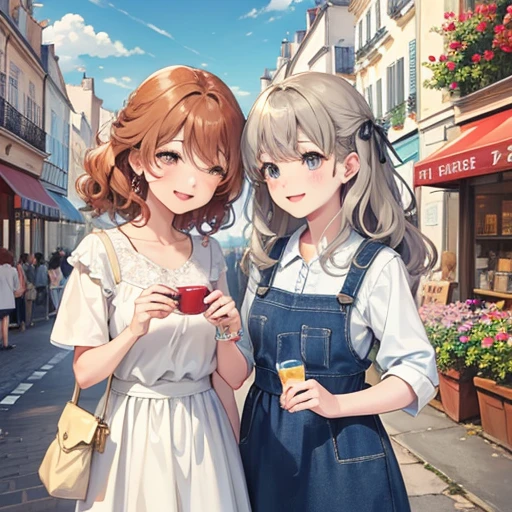 watercolor paiting、France、Paris、cafes、Birthday、A couple is laughing happily、kawaii、optic、、wavy curly hair、