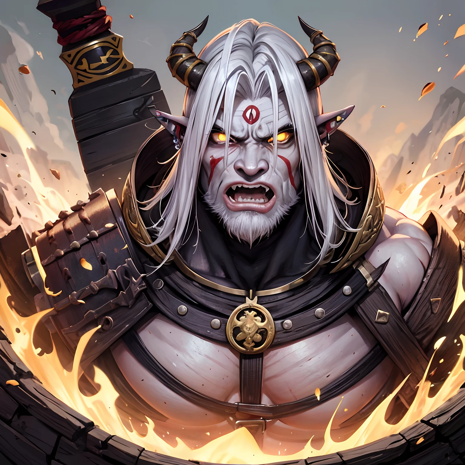 Orc albino strongman coque samurai olhos vermelhos cor de sangue rosto quadrado e forte com raiva com piercing de ouro no nariz e orelhas pontudas com brinco de ouro, barbarous, imagem acima da cintura, machados nas costas, ombros largos, extremamente musculoso