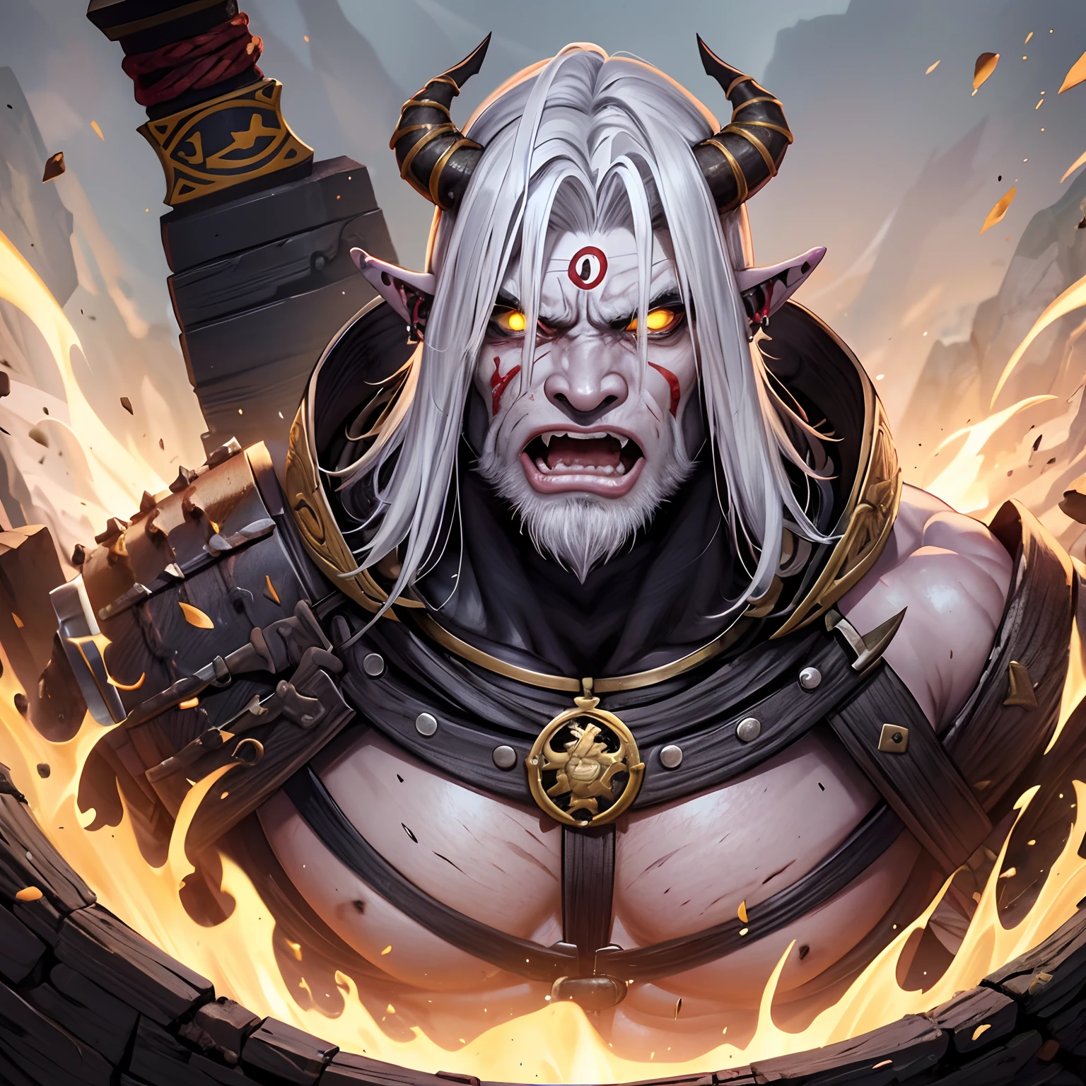 Orc albino strongman coque samurai olhos vermelhos cor de sangue rosto quadrado e forte com raiva com piercing de ouro no nariz e orelhas pontudas com brinco de ouro, barbarous, imagem acima da cintura, machados nas costas, ombros largos, extremamente musculoso
