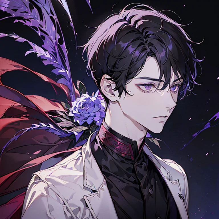 ((portrait)), ((1boy)), ((short black hair)), ((((4:6 sided part hair)))), ((purple eyes)), pale skin, ((masterpiece)), ((best quality)), ((red shirt)), ((black vest)), ((((manly)))), ((30 years old)), ((solo)), solid background, simple background