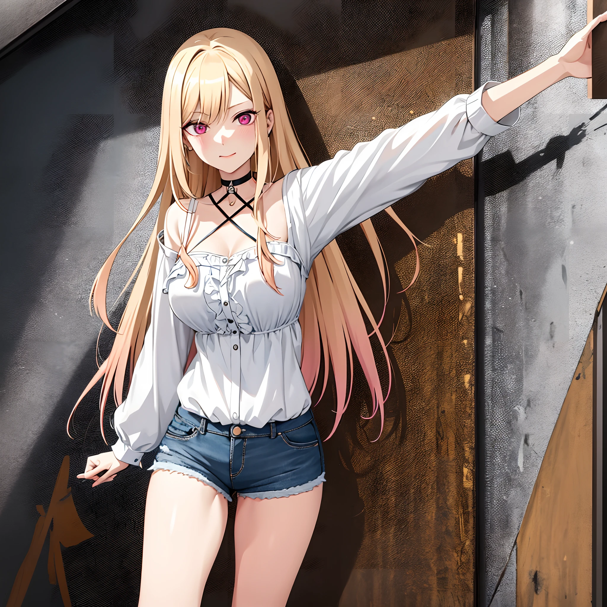 best quality,Ultra-detailliert,high resolution,extrem detaillierter CG,Anime-Bild,Unity 8K Hintergrundbild, blondes Haar,blaue Augen,Lange Haare,Zerrissene Shorts,white shirt,Geldbeutel,Nabel,Blick auf den Betrachter,Haarschmuck,smil,POV Door,Offener Mund,Denim,x Haarschmuck,Cyberpunk