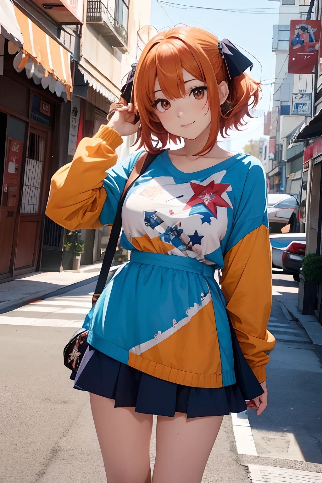 chica anime con cabello corto y naranja y ojos azules con una estrella en la cabeza, Ella tiene una linda cara expresiva, linda cara de anime, Cara de chica de anime extremadamente linda, Danbooru,Chica de anime llamada Lucy, booru, Shikamimi, en un anime, lindo anime, Anime visual de una chica linda, Moe,(cabello naranja,(ojos azules)