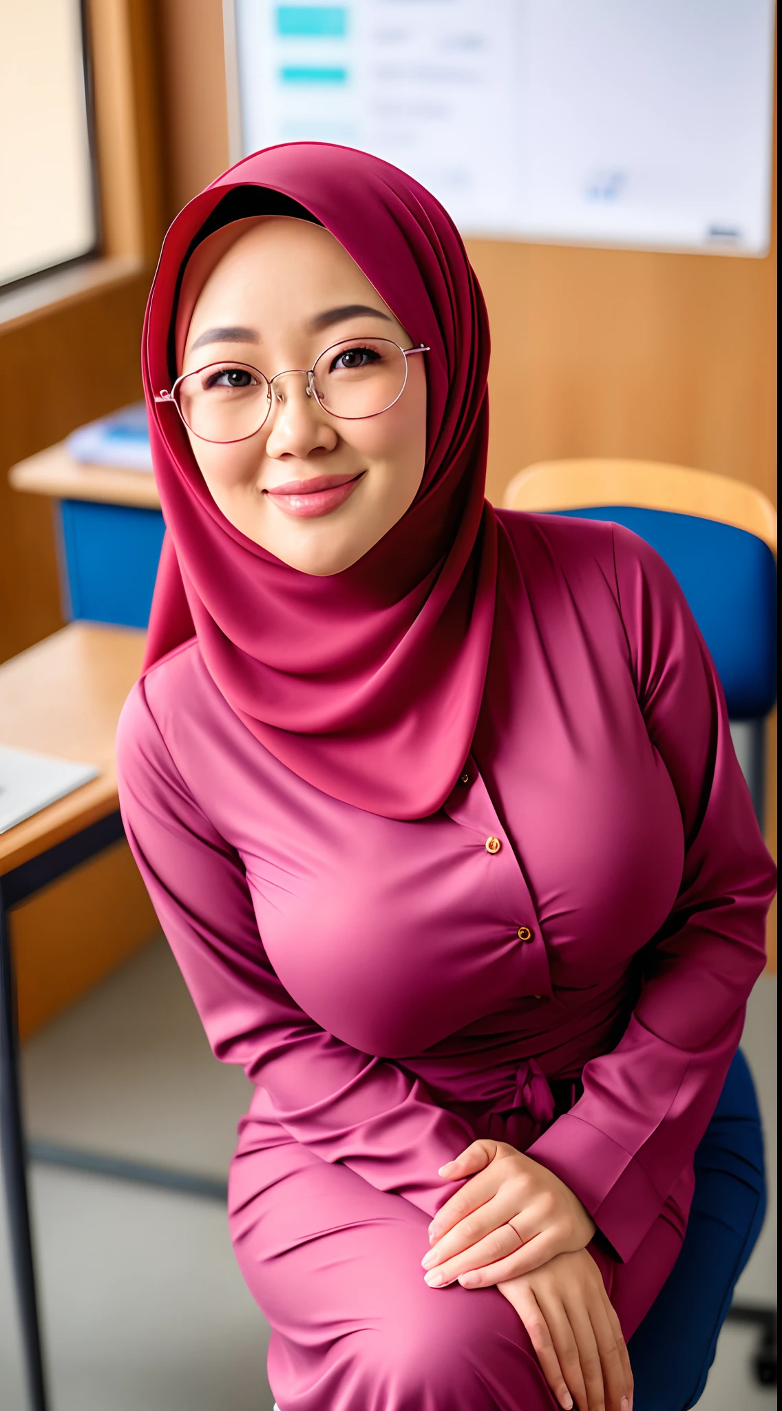 beautiful malaysia college woman age 22 name mira filzah brown eye, wearing nerd eyewear,tudung muslim,modernbaju kurung look rich,calm,confident,happy,beautifull body,looking at viewer, sitting on desk in classroom, (photo, photorealistic:1.37), (ultrahigh-res), half body, walking pose, hyper detailed  POV, by lee jeffries, nikon d850, film stock photograph ,4 kodak portra 400 ,camera f1.6 lens ,rich colors ,hyper realistic ,lifelike texture, dramatic lighting , cinestill 800, (huge breasts 1.3)