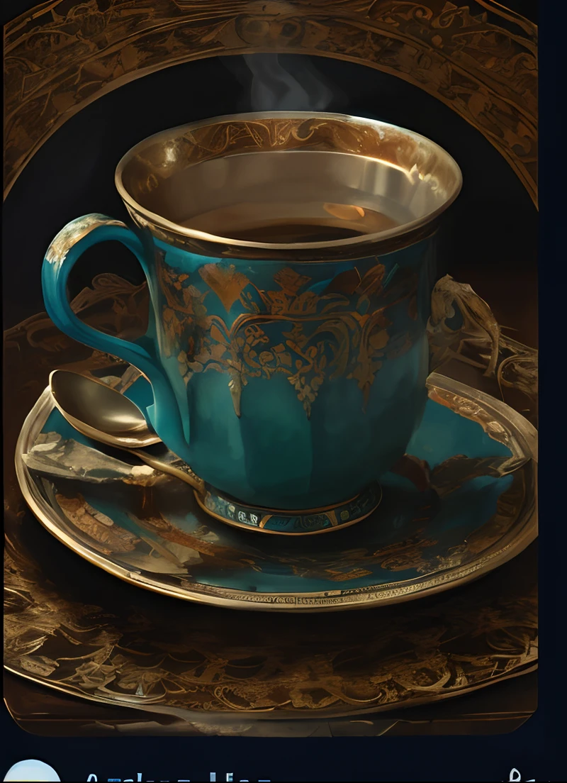 there is a cup of tea on a plate with a spoon, painting of an undercover cup, the sacred cup of understading, tea cup, is ((drinking a cup of tea)), hyperrealistic art nouveau, by Galen Dara, alexey egorov, inspired by Eugène Isabey, beeple and alphonse mucha