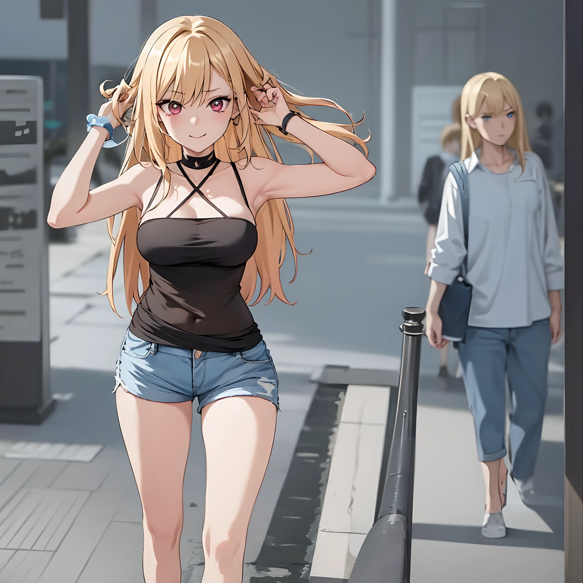 best quality,Ultra-detailliert,high resolution,extrem detaillierter CG,Anime-Bild,Unity 8K Hintergrundbild, blondes Haar,blaue Augen,Lange Haare,Zerrissene Shorts,white shirt,Geldbeutel,Nabel,Blick auf den Betrachter,Haarschmuck,smil,POV Door,Offener Mund,Denim,x Haarschmuck,Cyberpunk